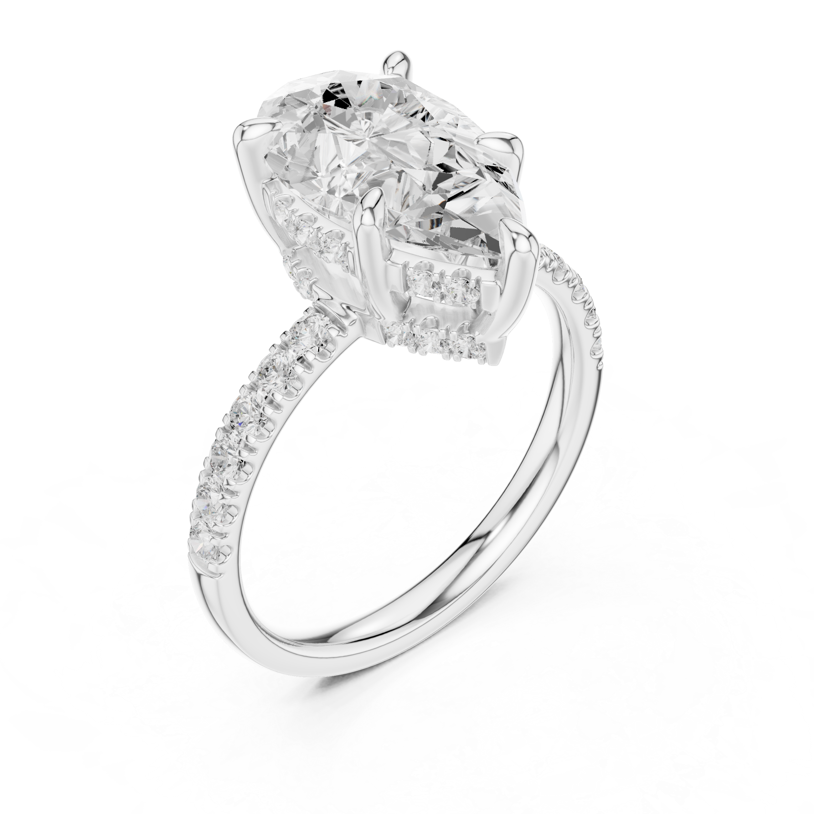 Pear Cut Hidden Halo Engagement Ring with Pavé Diamond Band