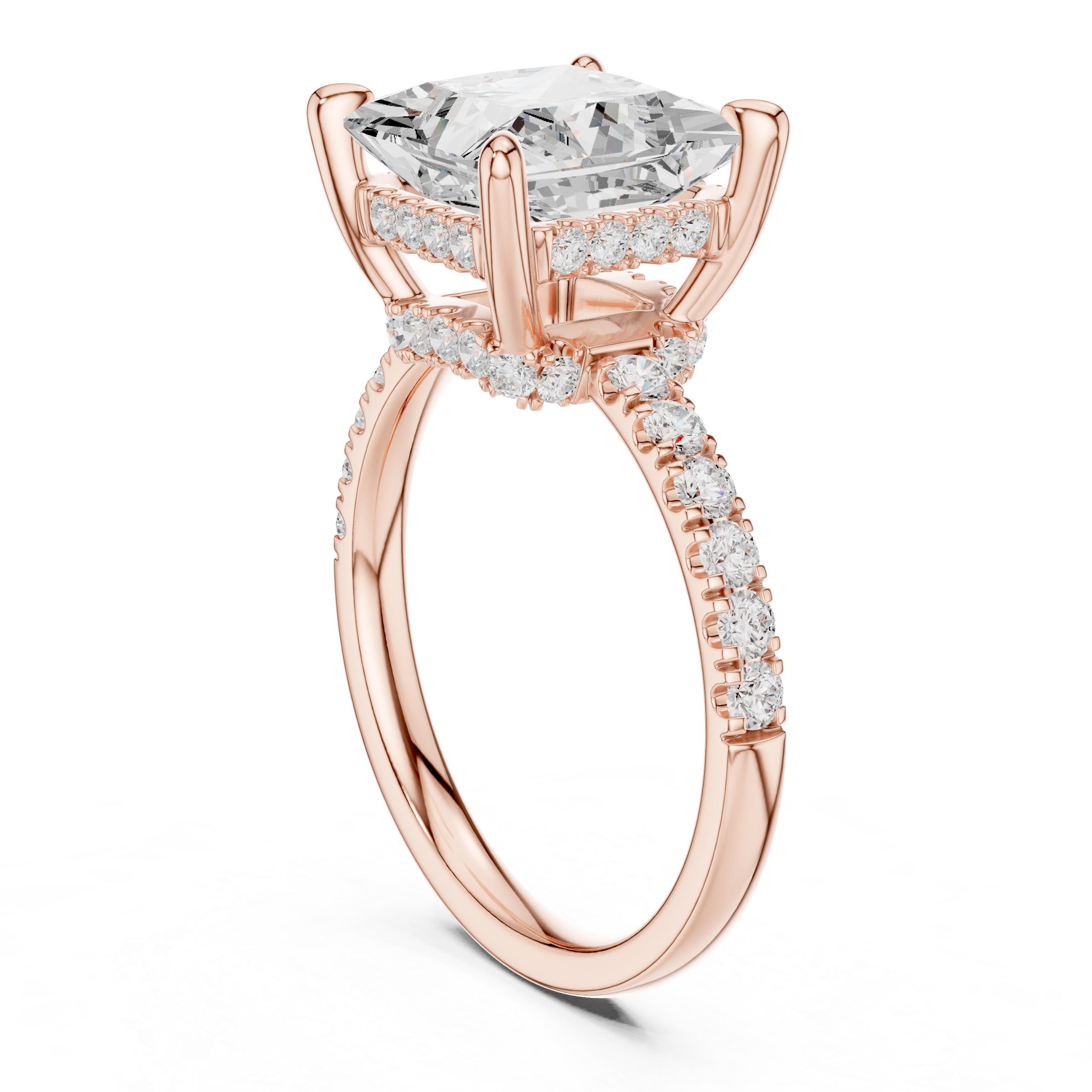 Princess Cut Hidden Halo Engagement Ring with Pavé Diamond Band