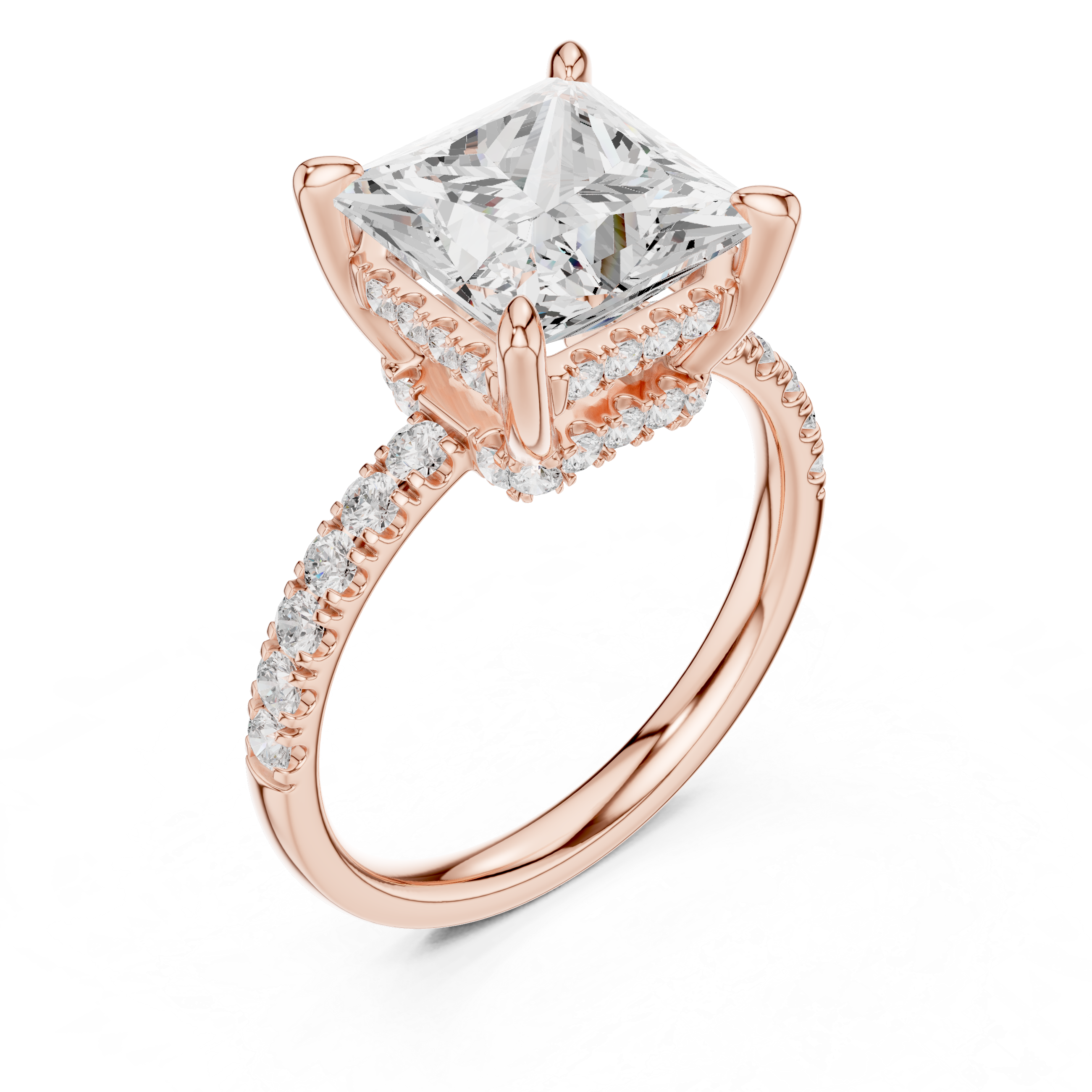Princess Cut Hidden Halo Engagement Ring with Pavé Diamond Band