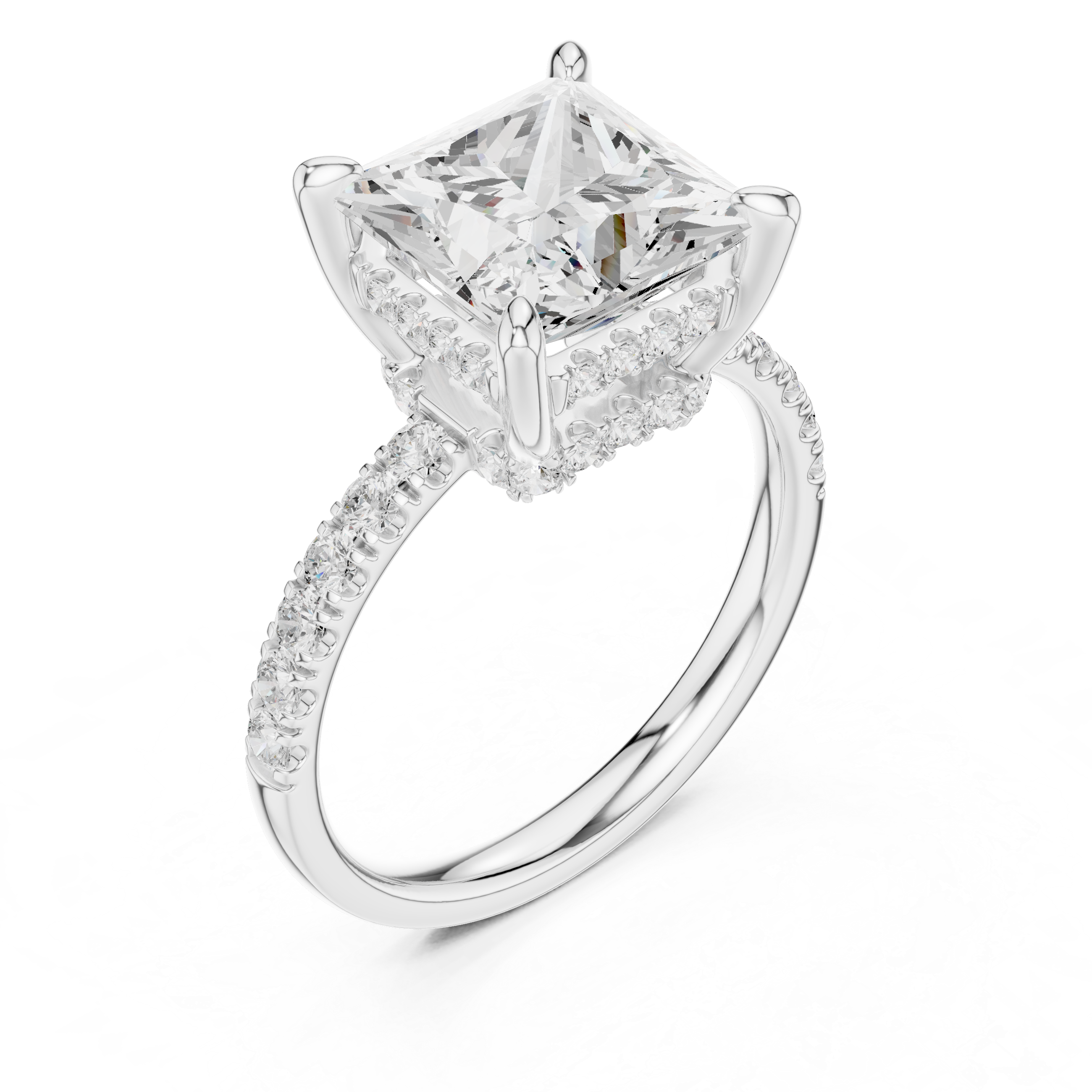 Princess Cut Hidden Halo Engagement Ring with Pavé Diamond Band