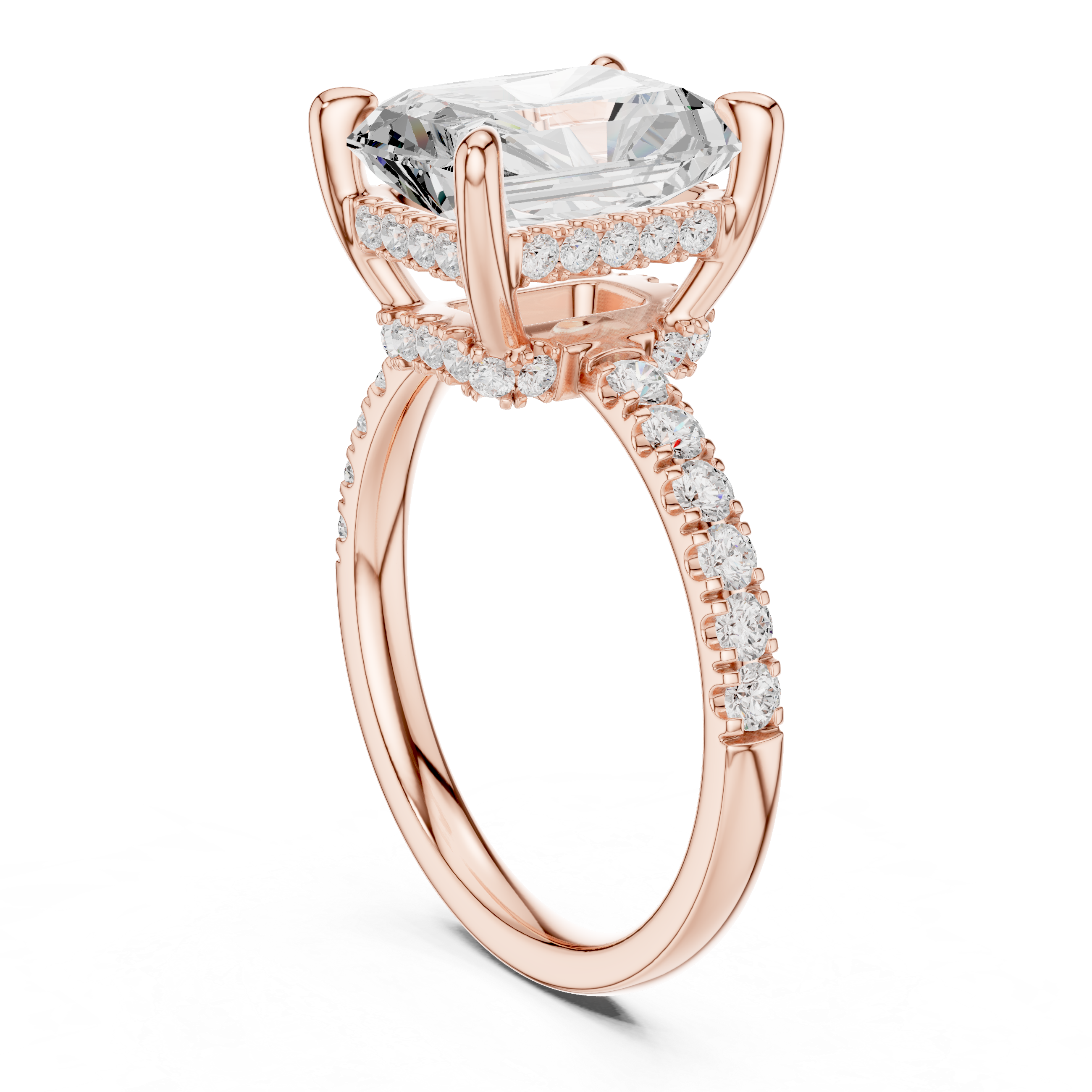 Radiant Cut Hidden Halo Engagement Ring with Pavé Diamond Band