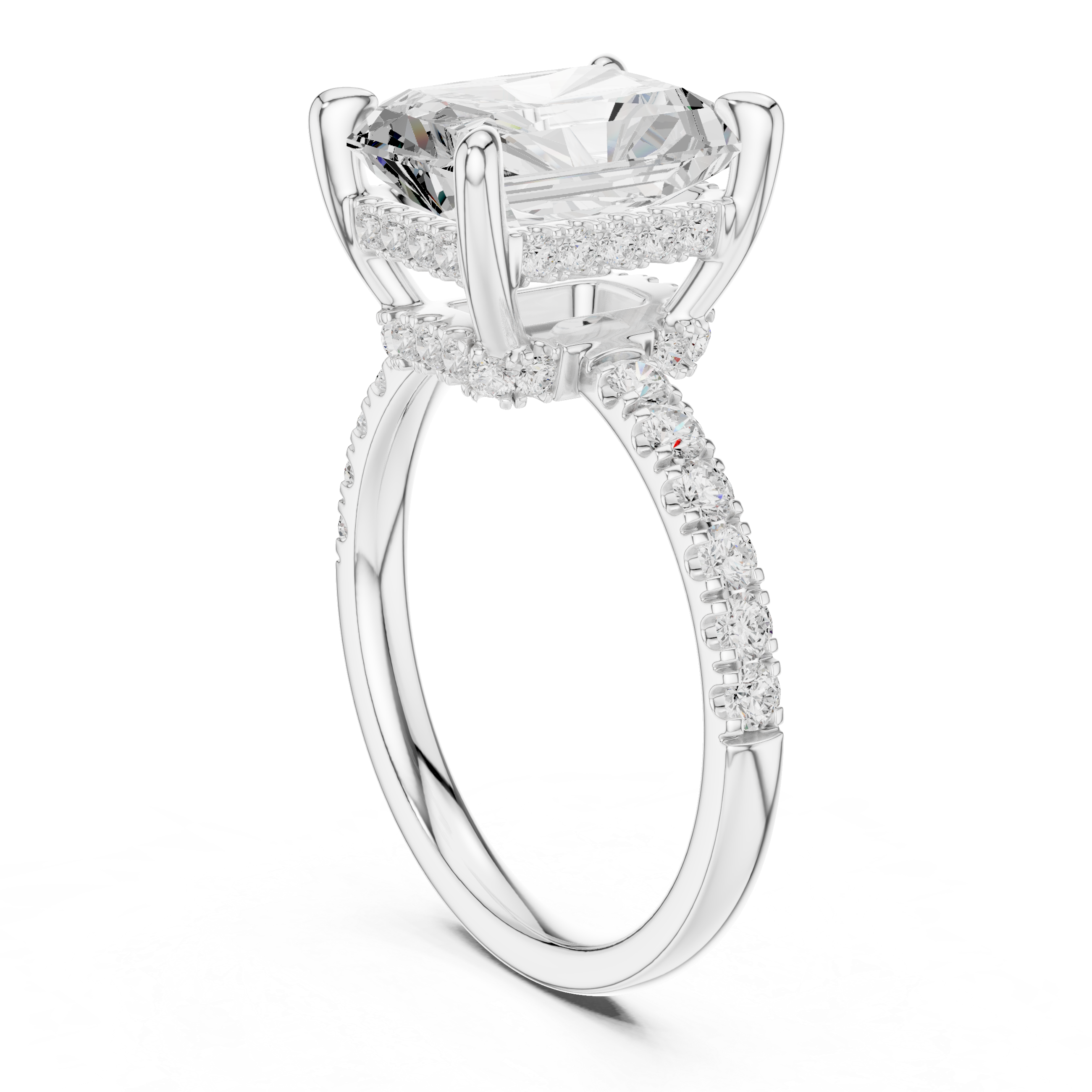 Radiant Cut Hidden Halo Engagement Ring with Pavé Diamond Band