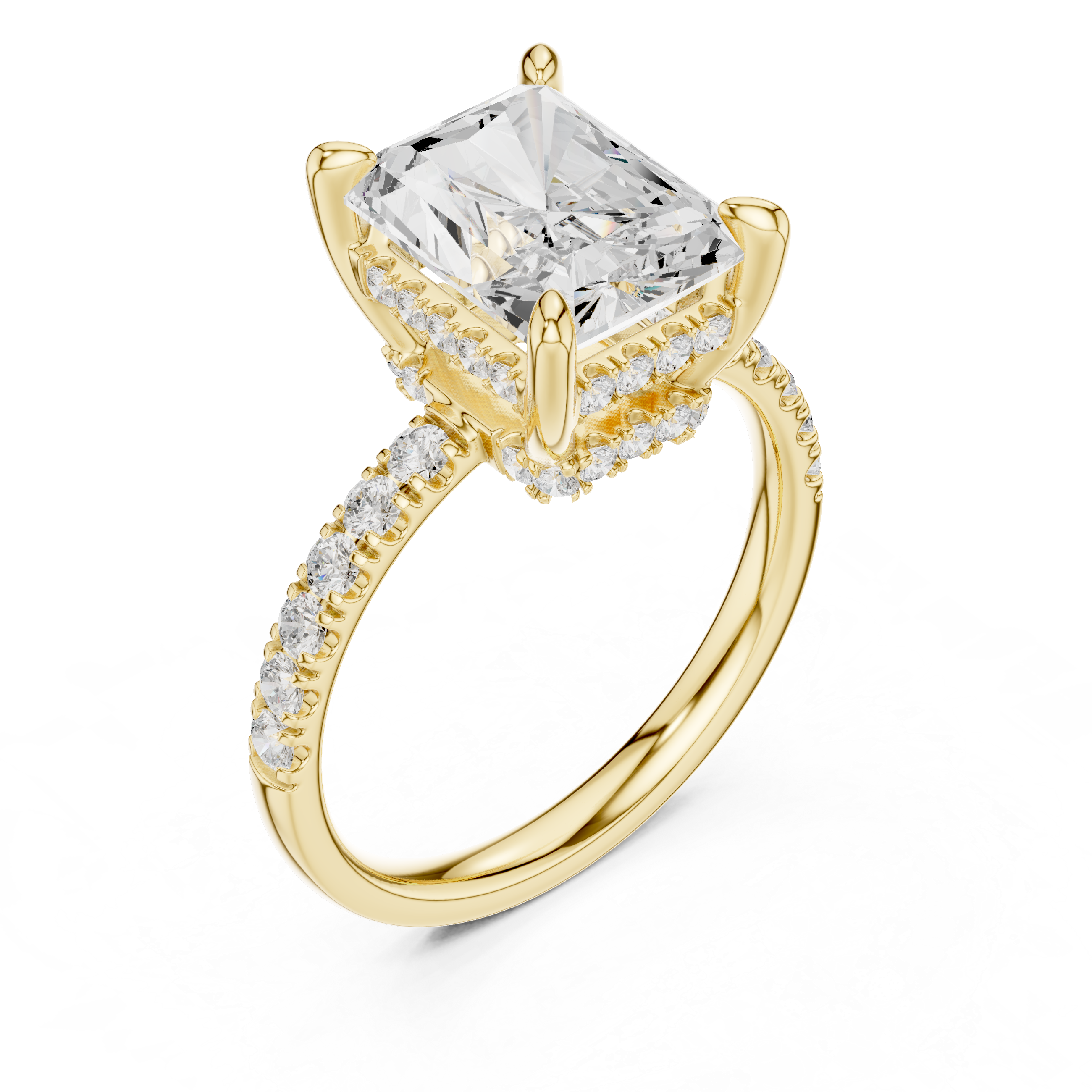 Radiant Cut Hidden Halo Engagement Ring with Pavé Diamond Band