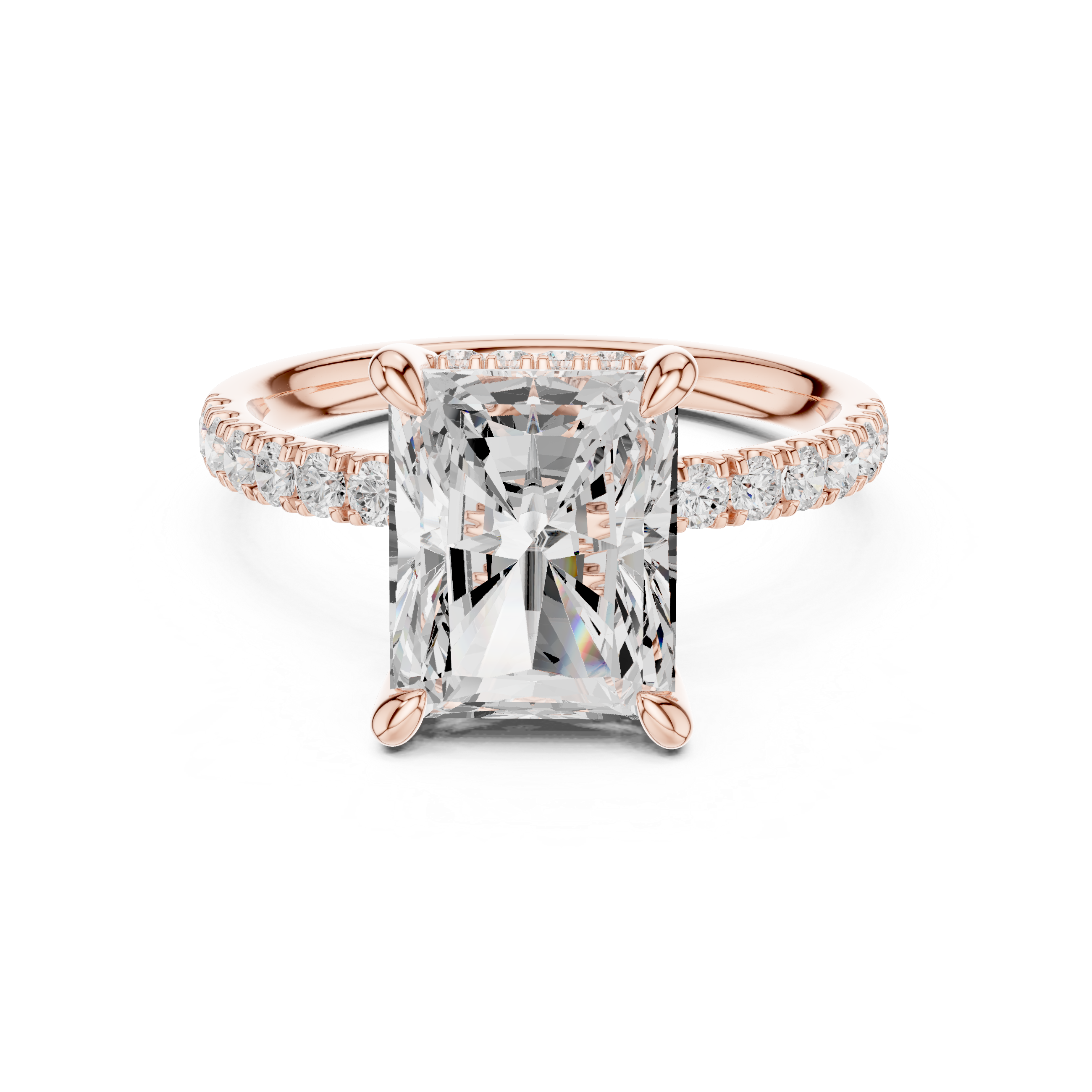 Radiant Cut Hidden Halo Engagement Ring with Pavé Diamond Band