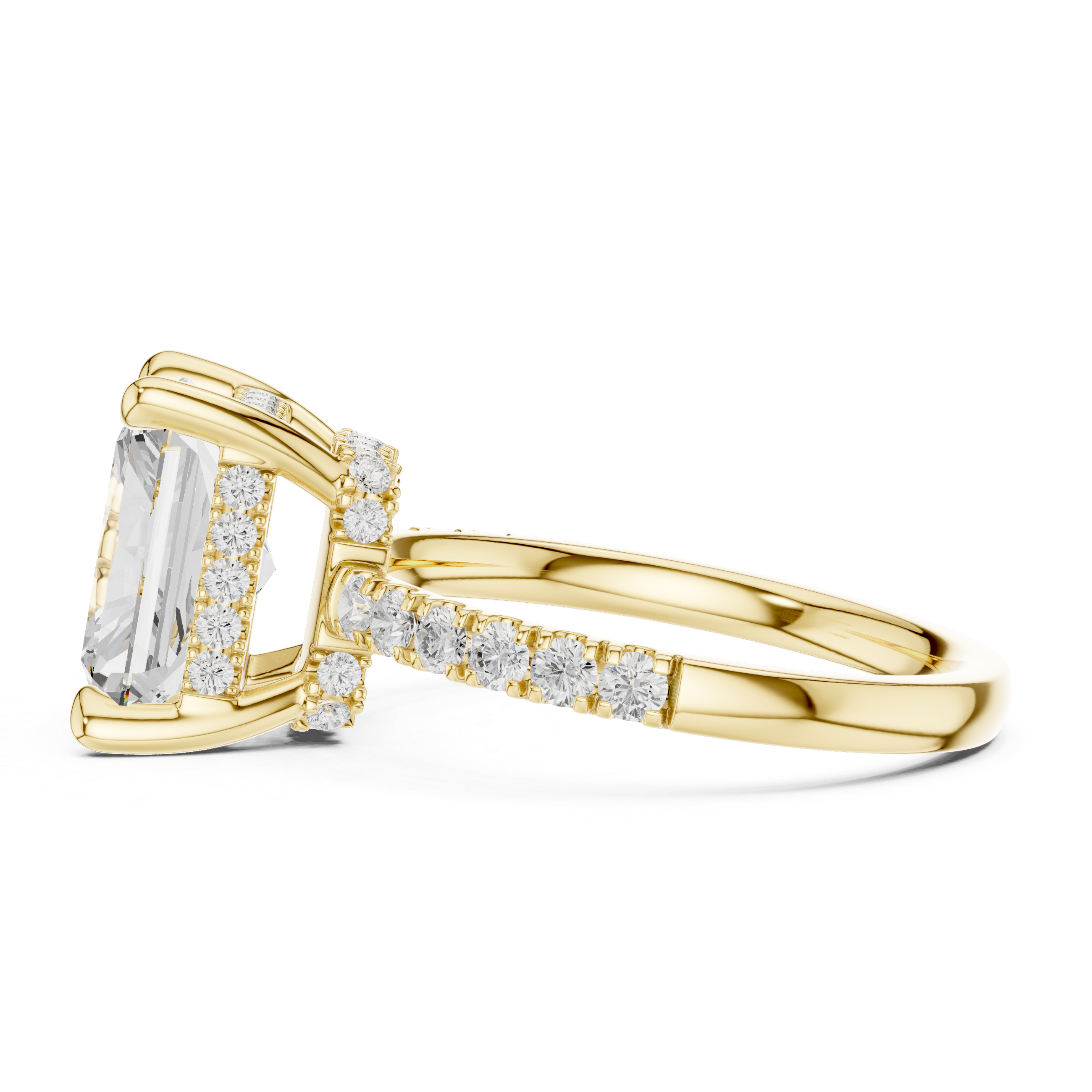 Radiant Cut Hidden Halo Engagement Ring with Pavé Diamond Band