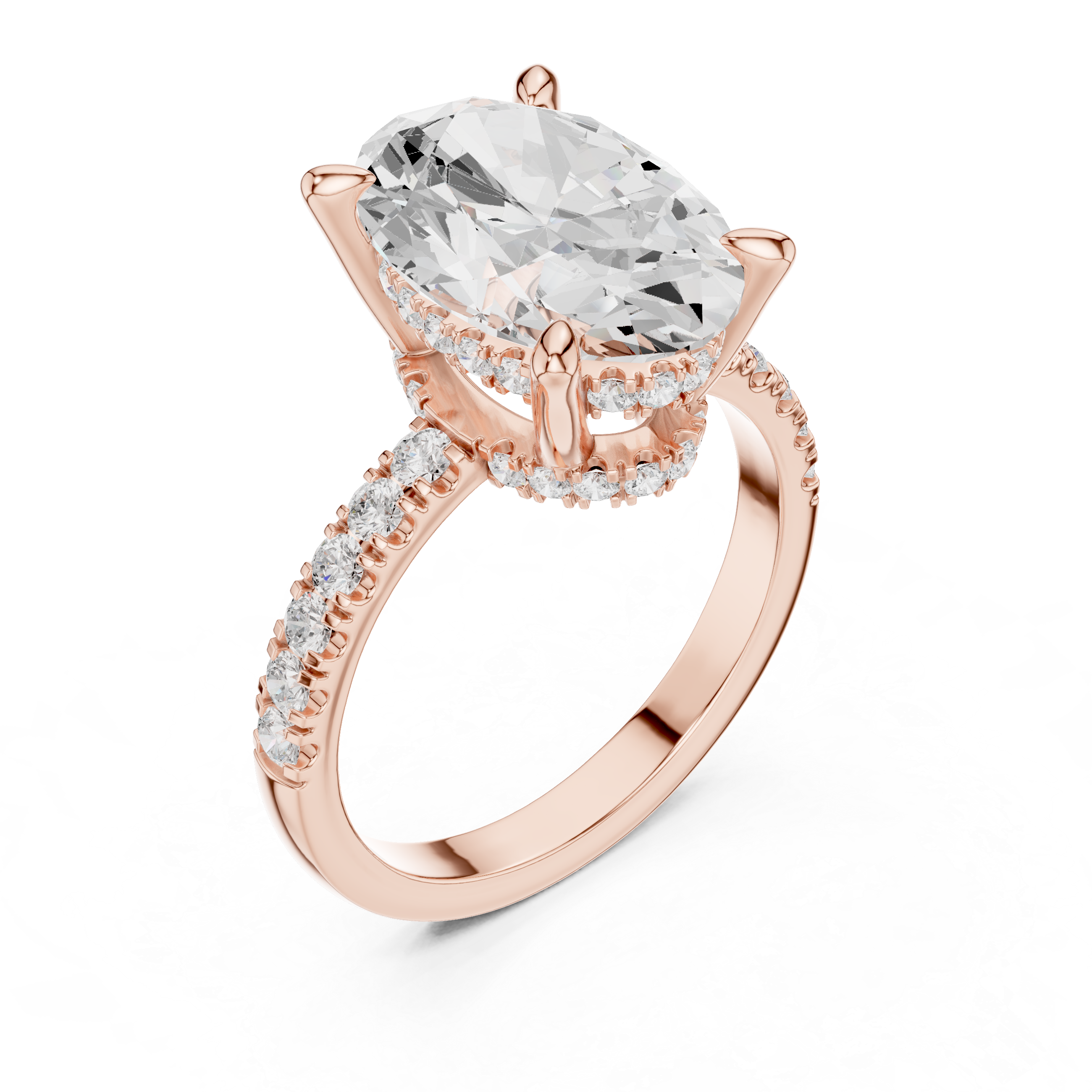 Oval-Cut Hidden Halo Pavé Engagement Ring with Four-Prong Setting
