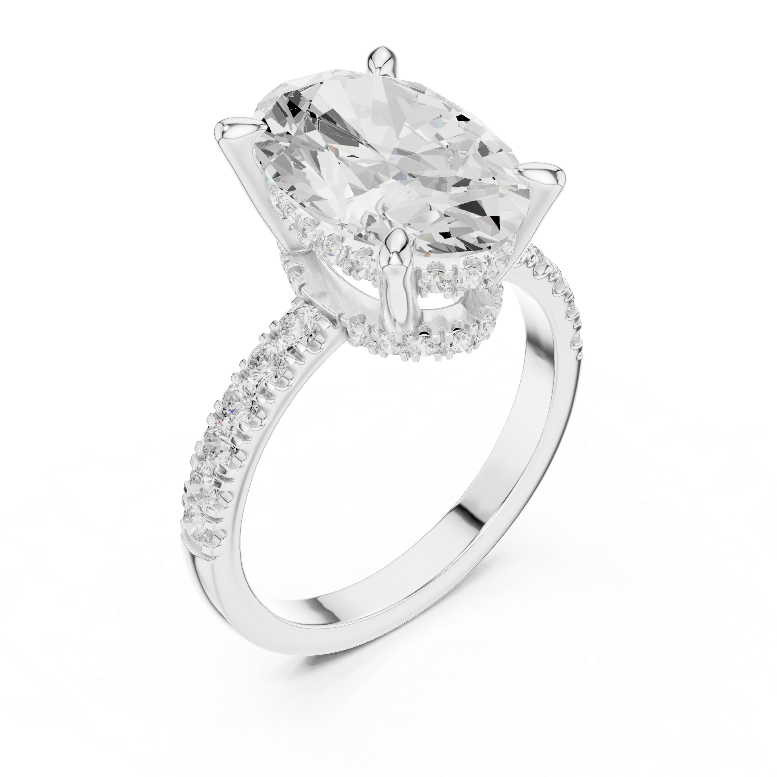 Oval-Cut Hidden Halo Pavé Engagement Ring with Four-Prong Setting
