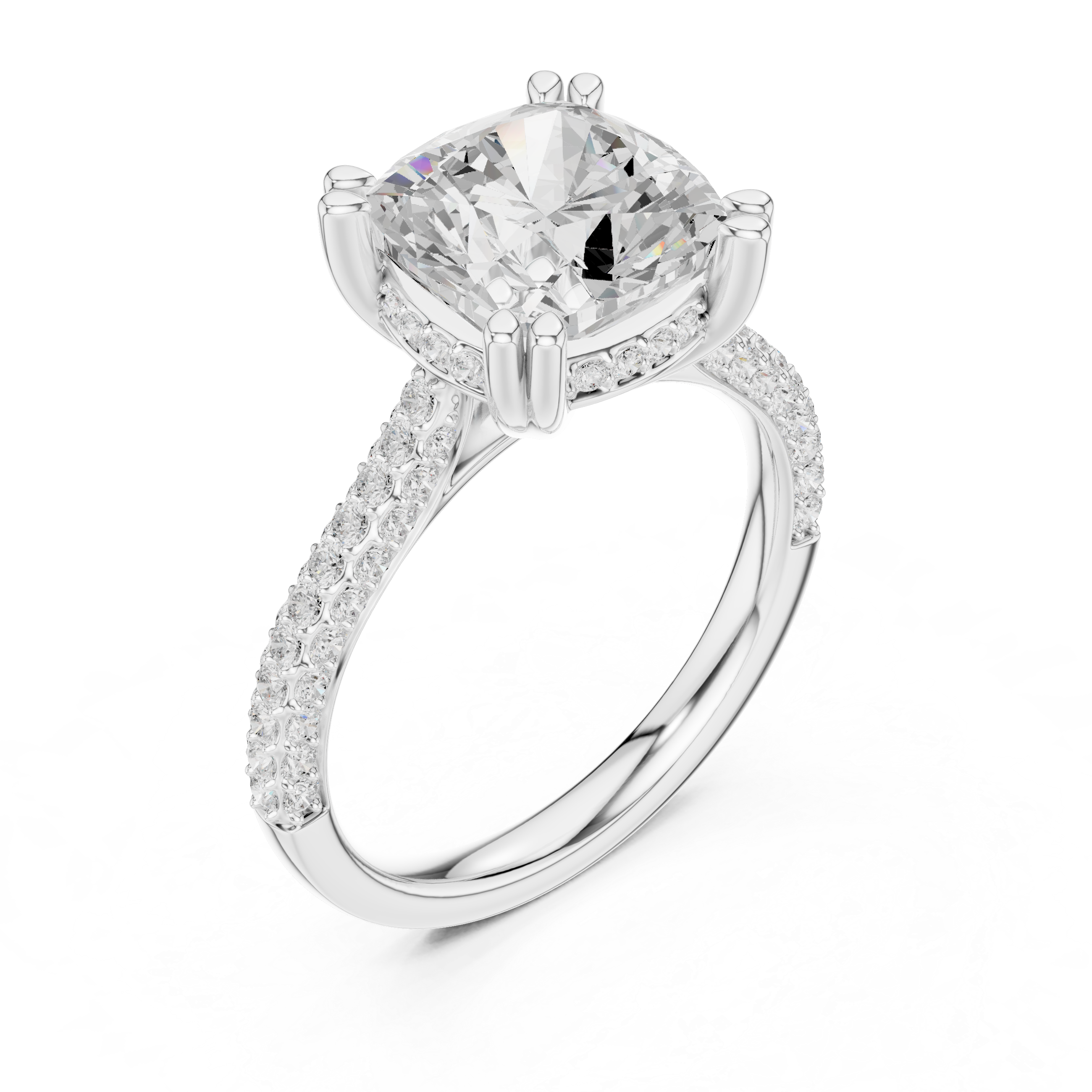 Cushion Cut Double Pavé Hidden Halo Engagement Ring