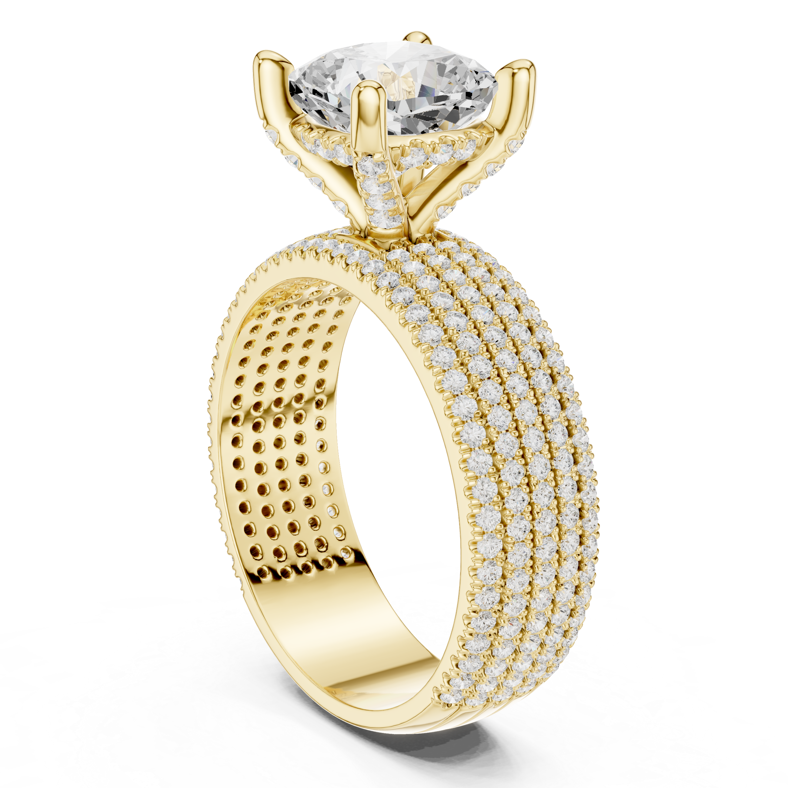 Cushion Cut Multi-Row Pavé Diamond Statement Engagement Ring
