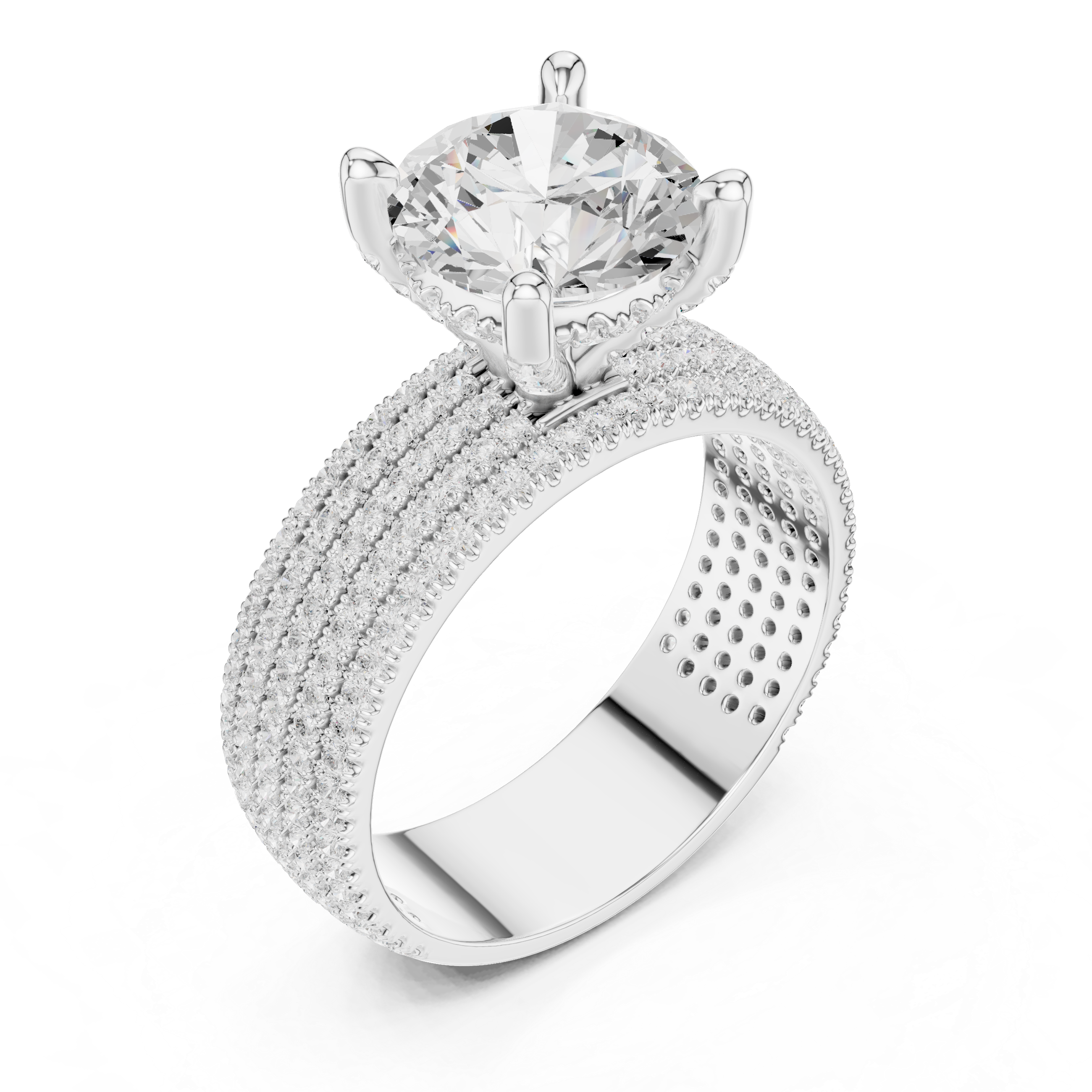 Round Cut Multi-Row Pavé Diamond Statement Engagement Ring
