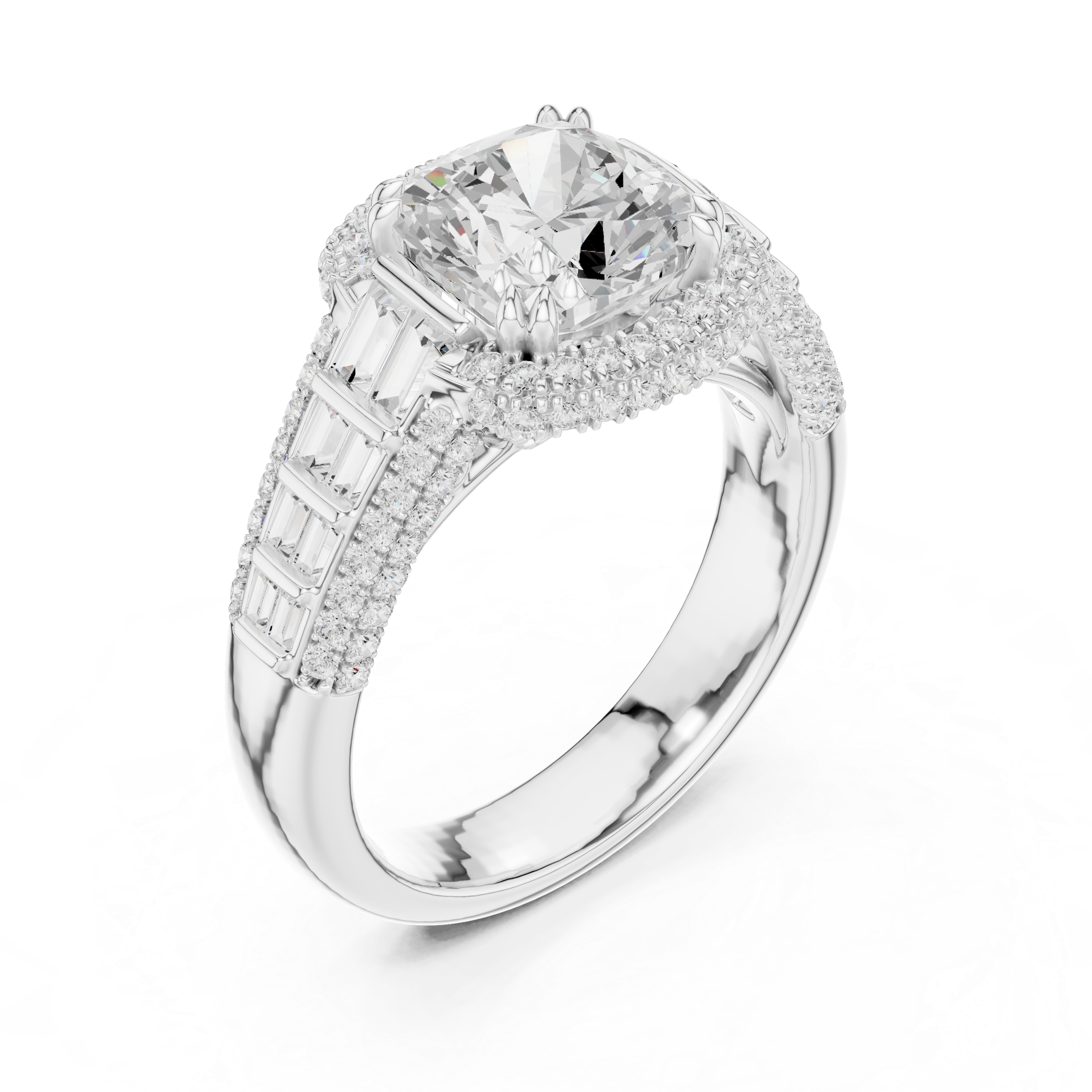Vintage Cushion Cut Double Halo Engagement Ring with Baguette Diamond Shoulders