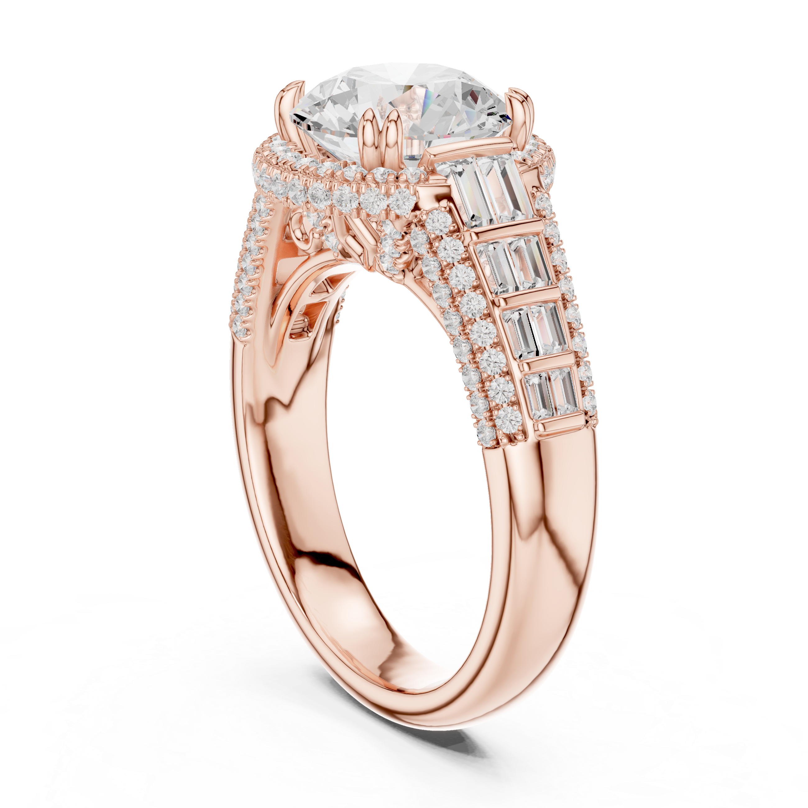 Vintage Round Cut Double Halo Engagement Ring with Baguette Diamond Shoulders