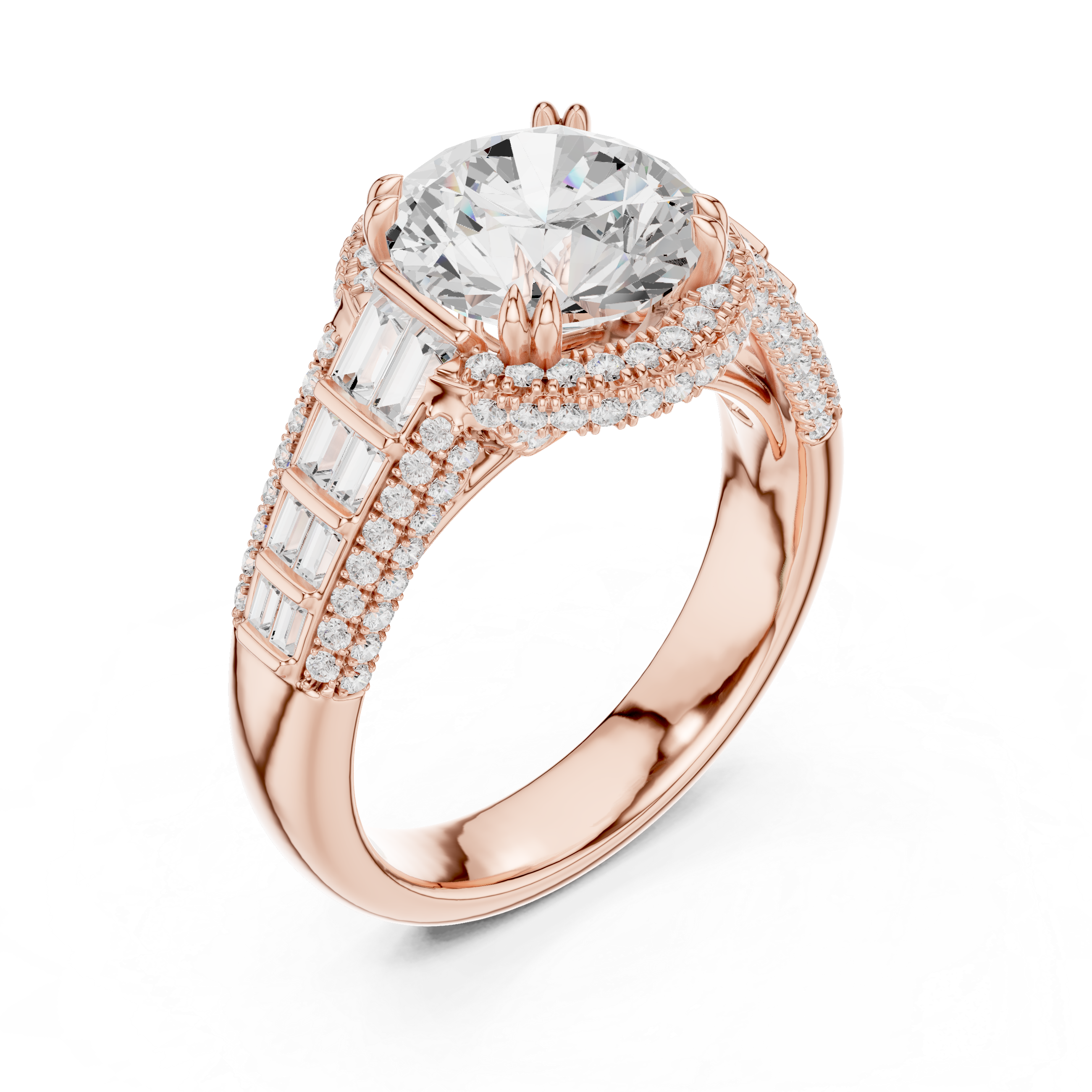 Vintage Round Cut Double Halo Engagement Ring with Baguette Diamond Shoulders