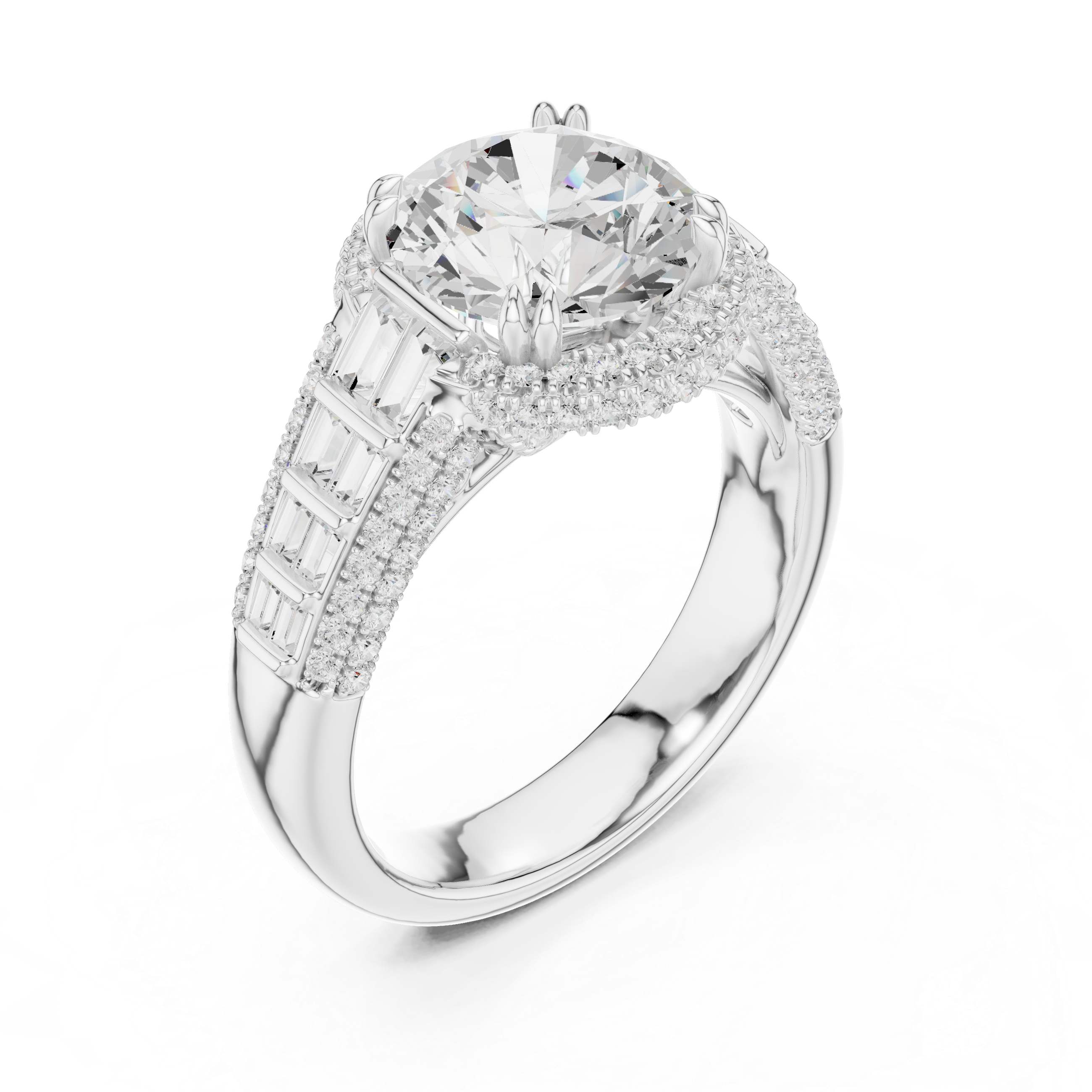 Vintage Round Cut Double Halo Engagement Ring with Baguette Diamond Shoulders