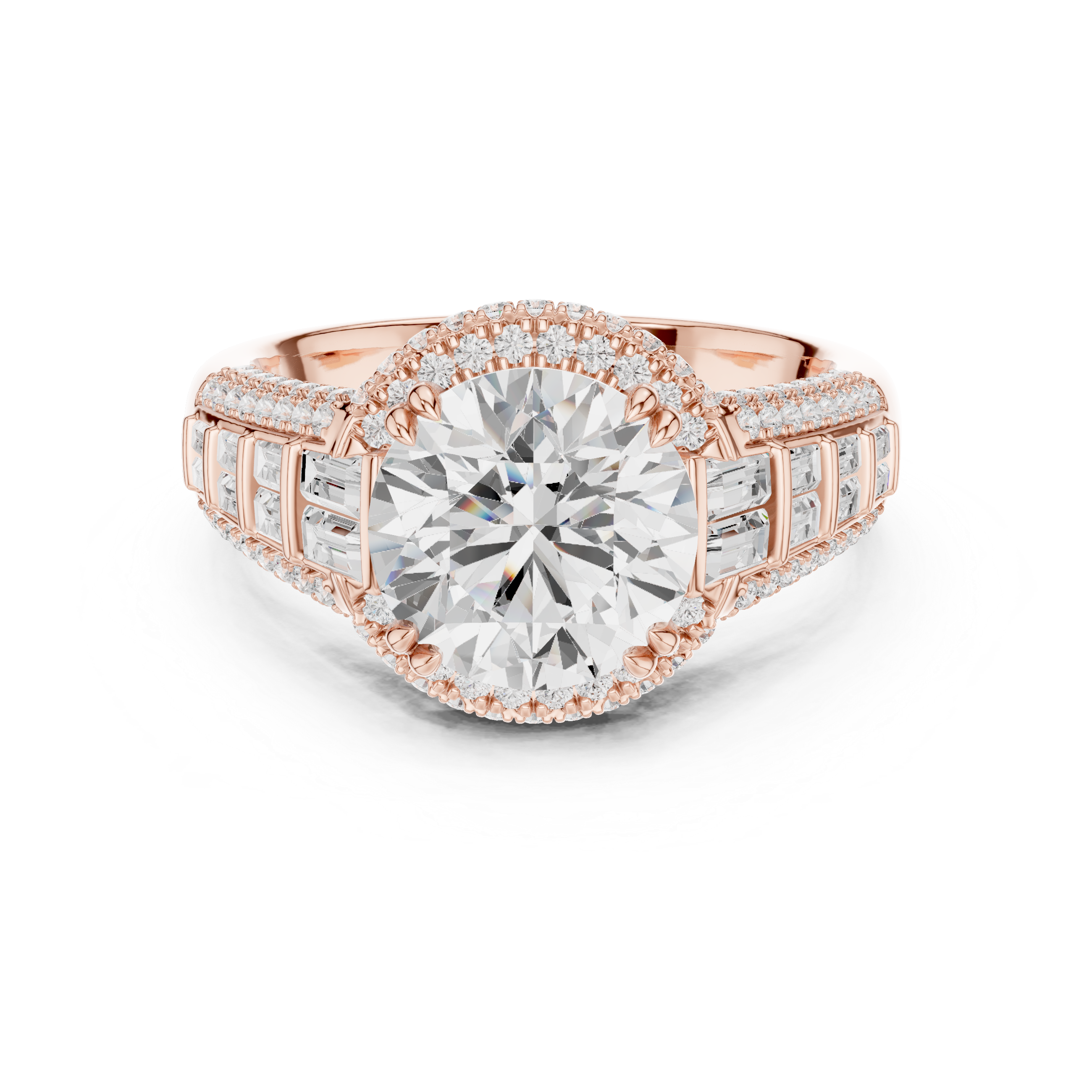Vintage Round Cut Double Halo Engagement Ring with Baguette Diamond Shoulders