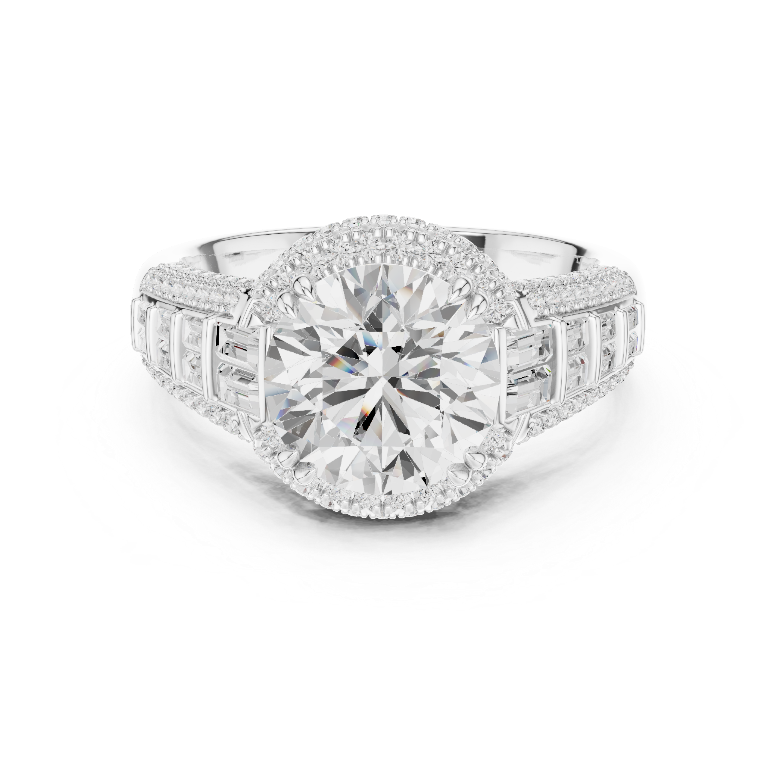 Vintage Round Cut Double Halo Engagement Ring with Baguette Diamond Shoulders