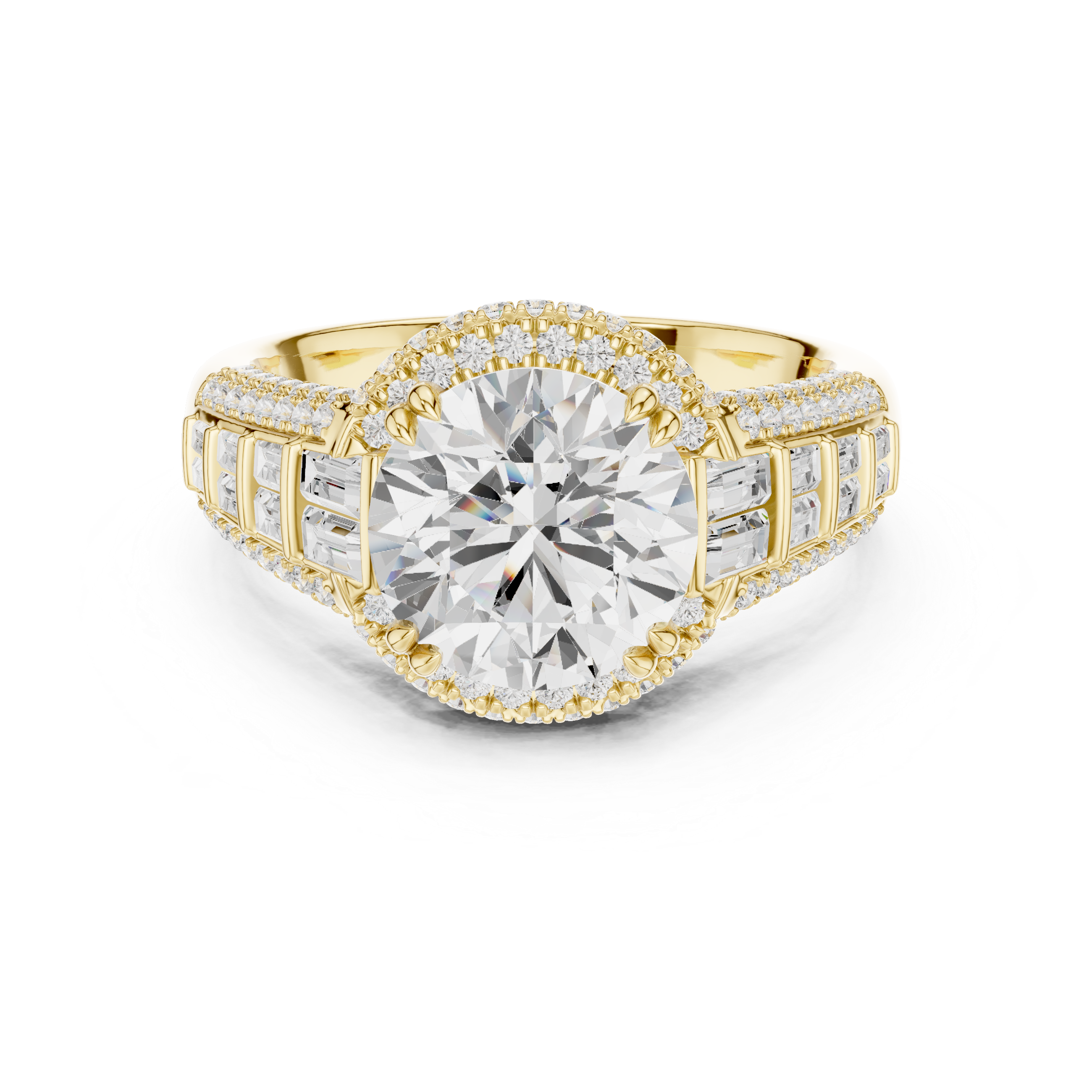 Vintage Round Cut Double Halo Engagement Ring with Baguette Diamond Shoulders