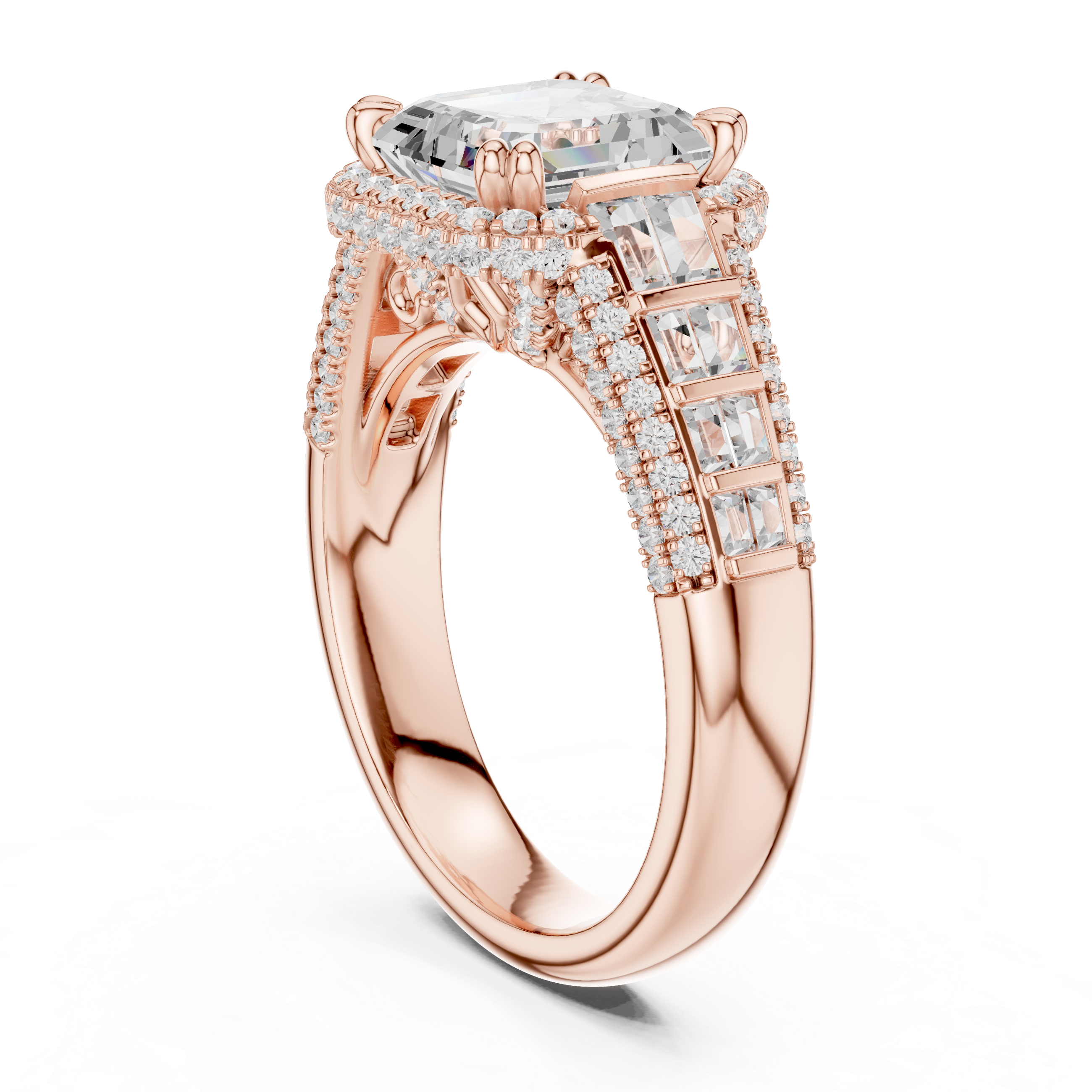 Asscher-Cut Halo Engagement Ring with Graduated Baguette and Pavé Shoulders