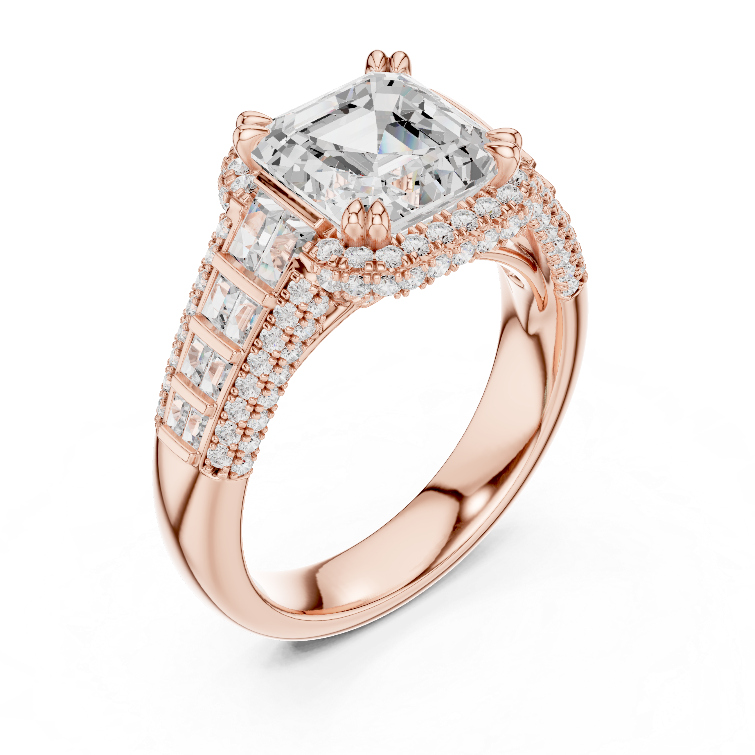 Asscher-Cut Halo Engagement Ring with Graduated Baguette and Pavé Shoulders