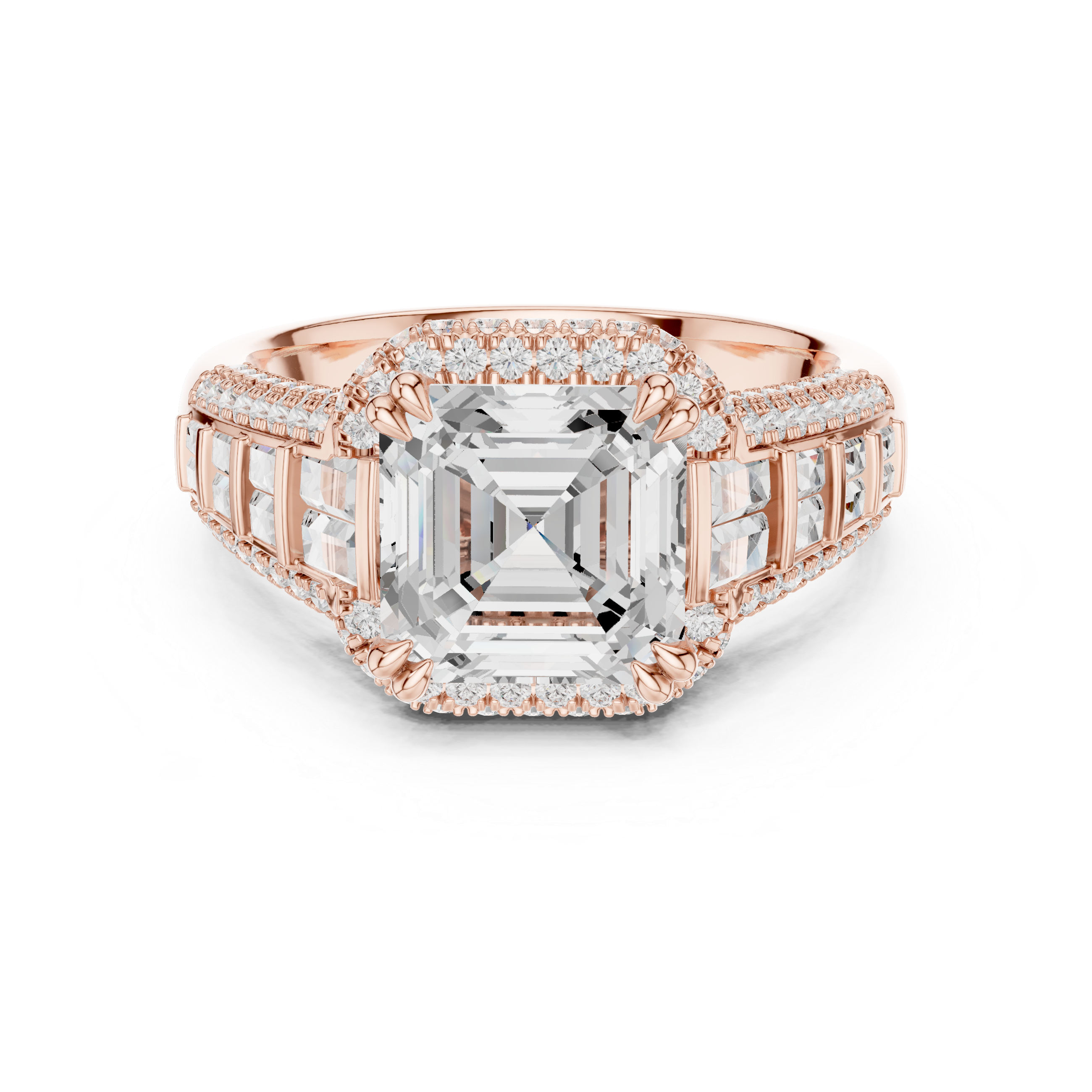 Asscher-Cut Halo Engagement Ring with Graduated Baguette and Pavé Shoulders