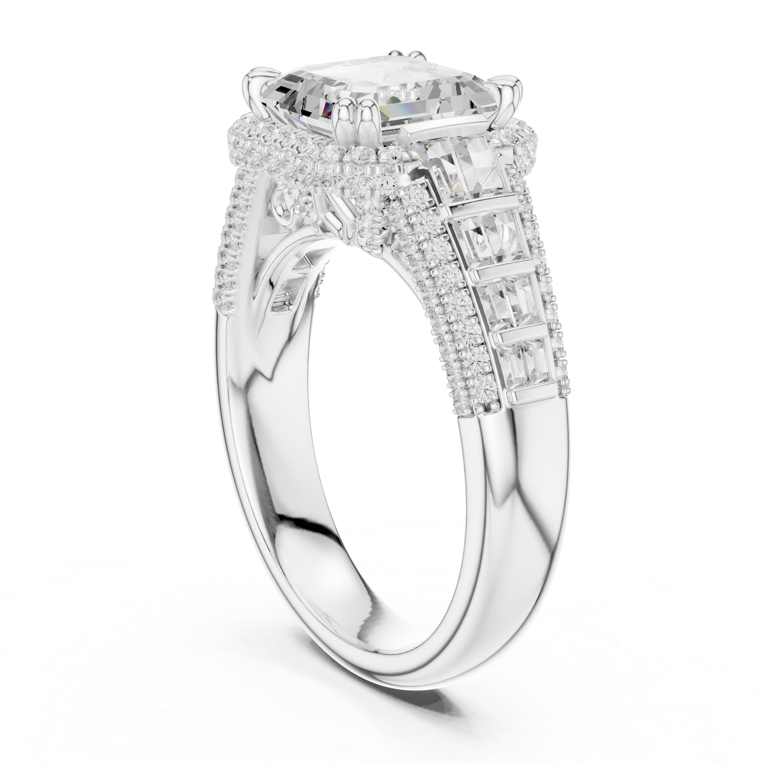 Asscher-Cut Halo Engagement Ring with Graduated Baguette and Pavé Shoulders