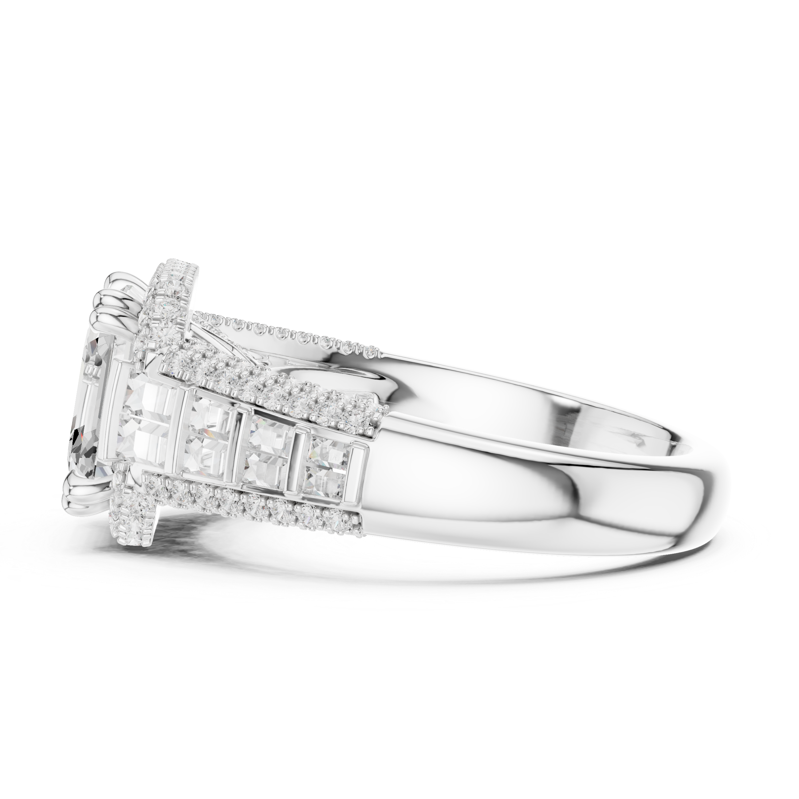 Asscher-Cut Halo Engagement Ring with Graduated Baguette and Pavé Shoulders