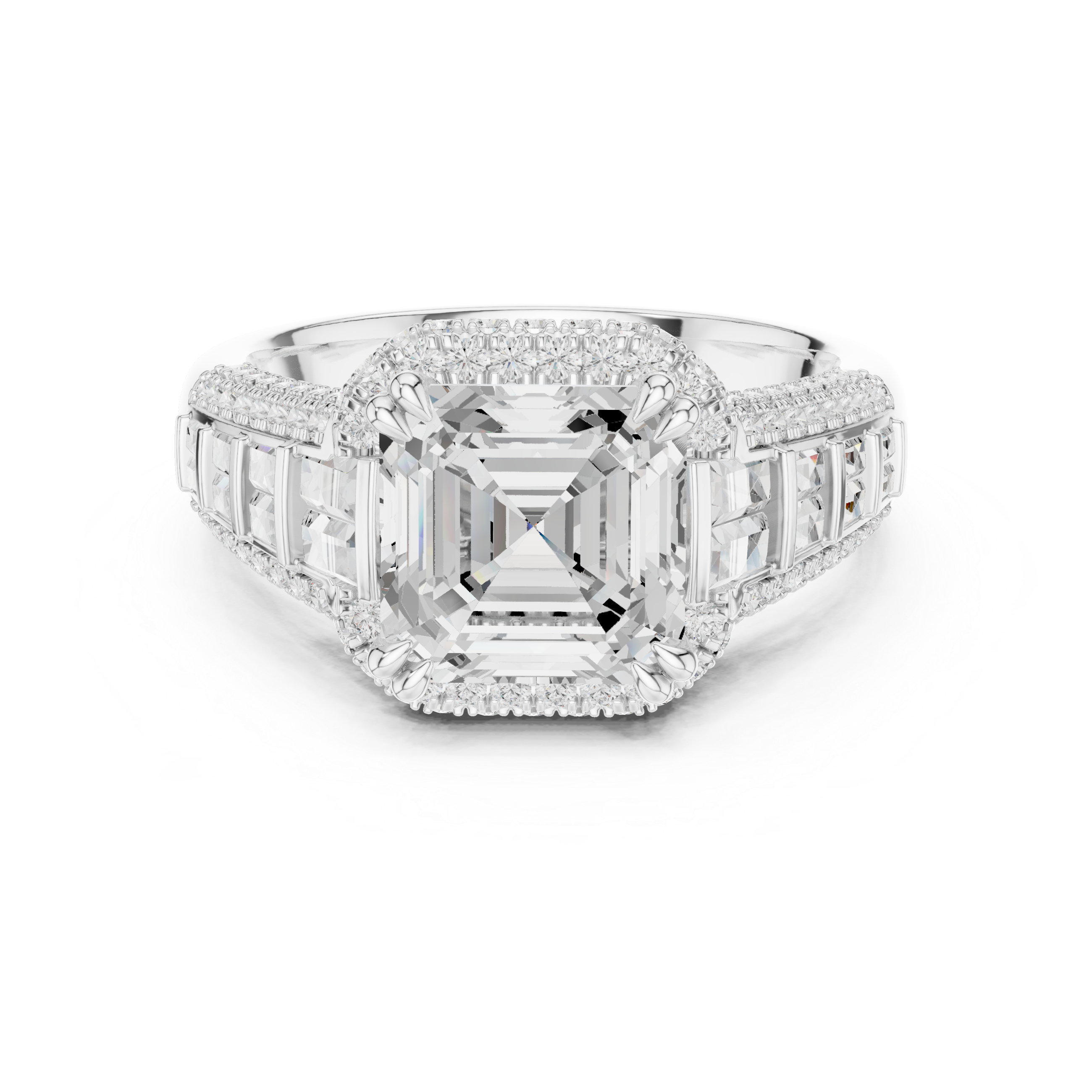 Asscher-Cut Halo Engagement Ring with Graduated Baguette and Pavé Shoulders