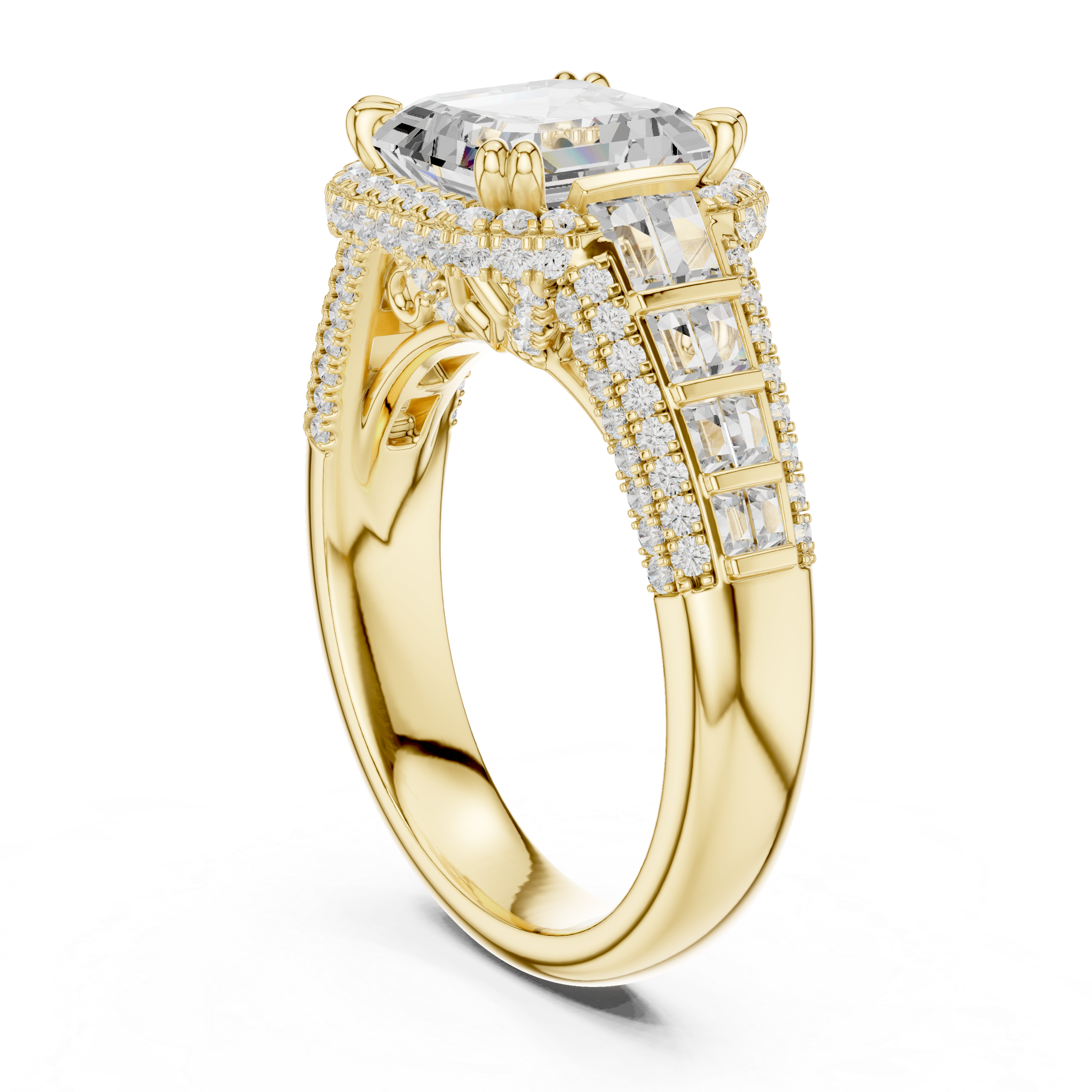 Asscher-Cut Halo Engagement Ring with Graduated Baguette and Pavé Shoulders