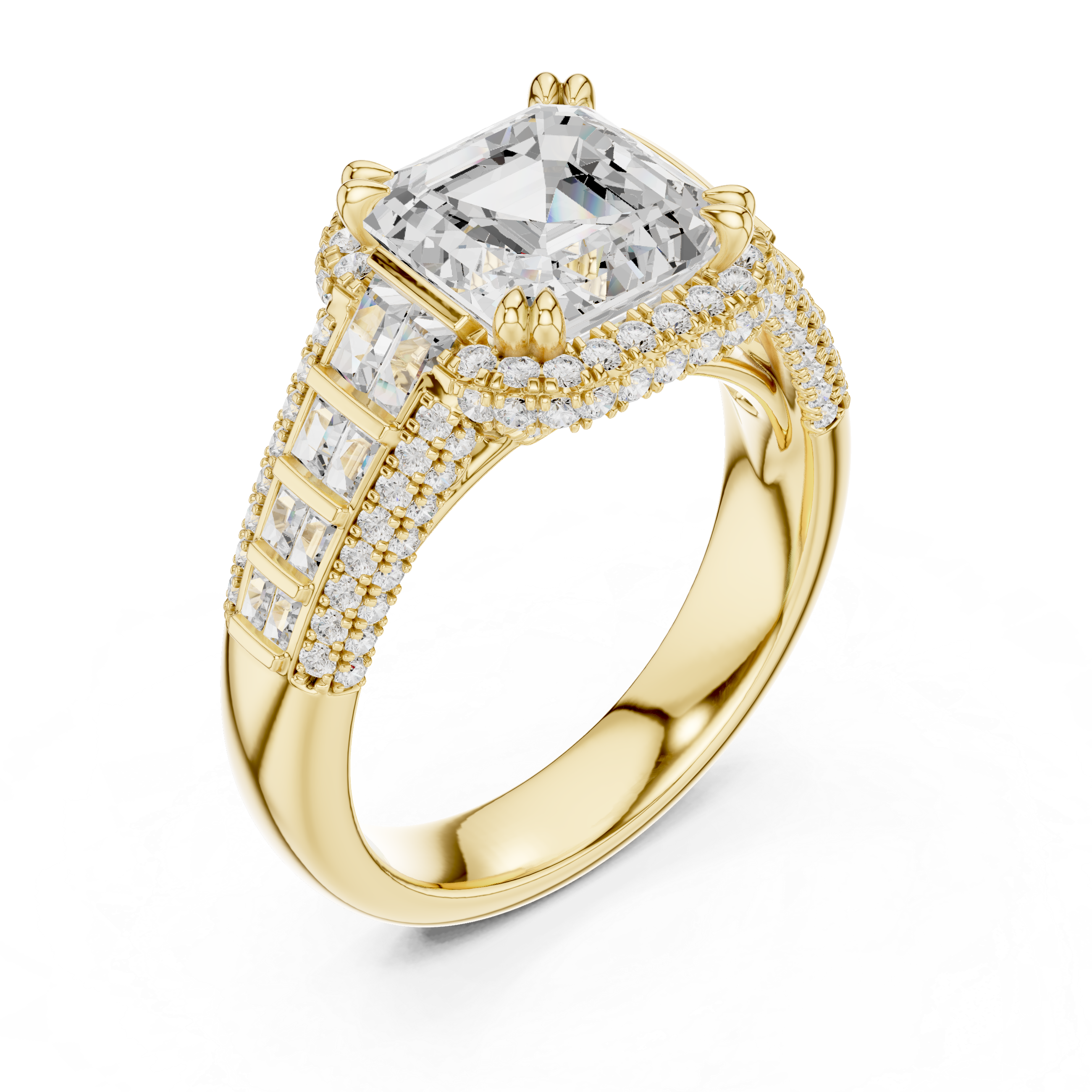 Asscher-Cut Halo Engagement Ring with Graduated Baguette and Pavé Shoulders