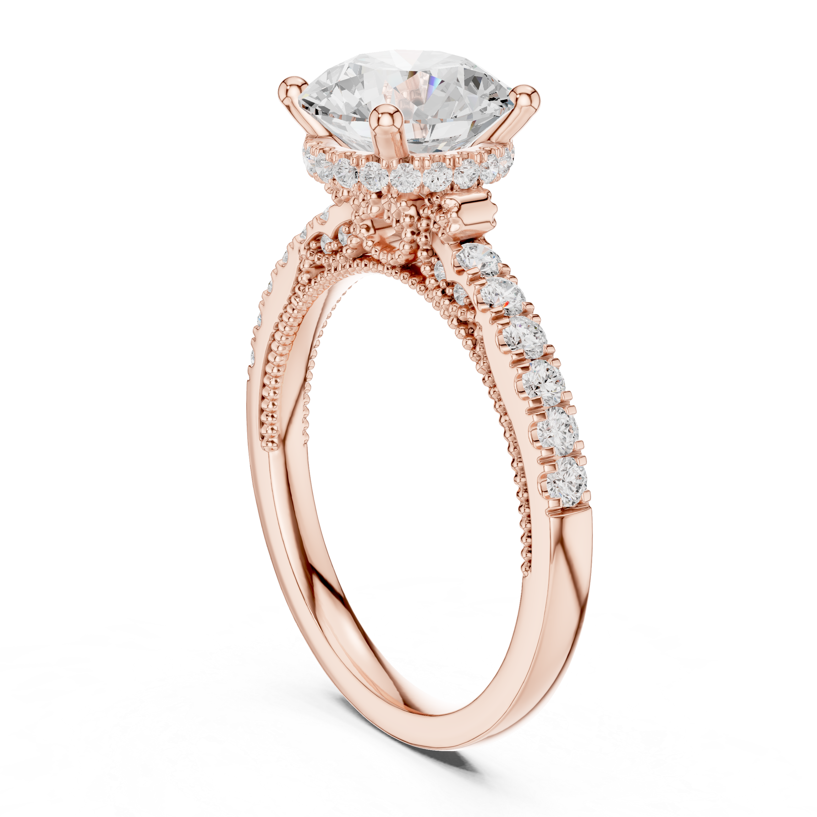 Round-Cut Hidden Halo Solitaire Engagement Ring with Pavé Band