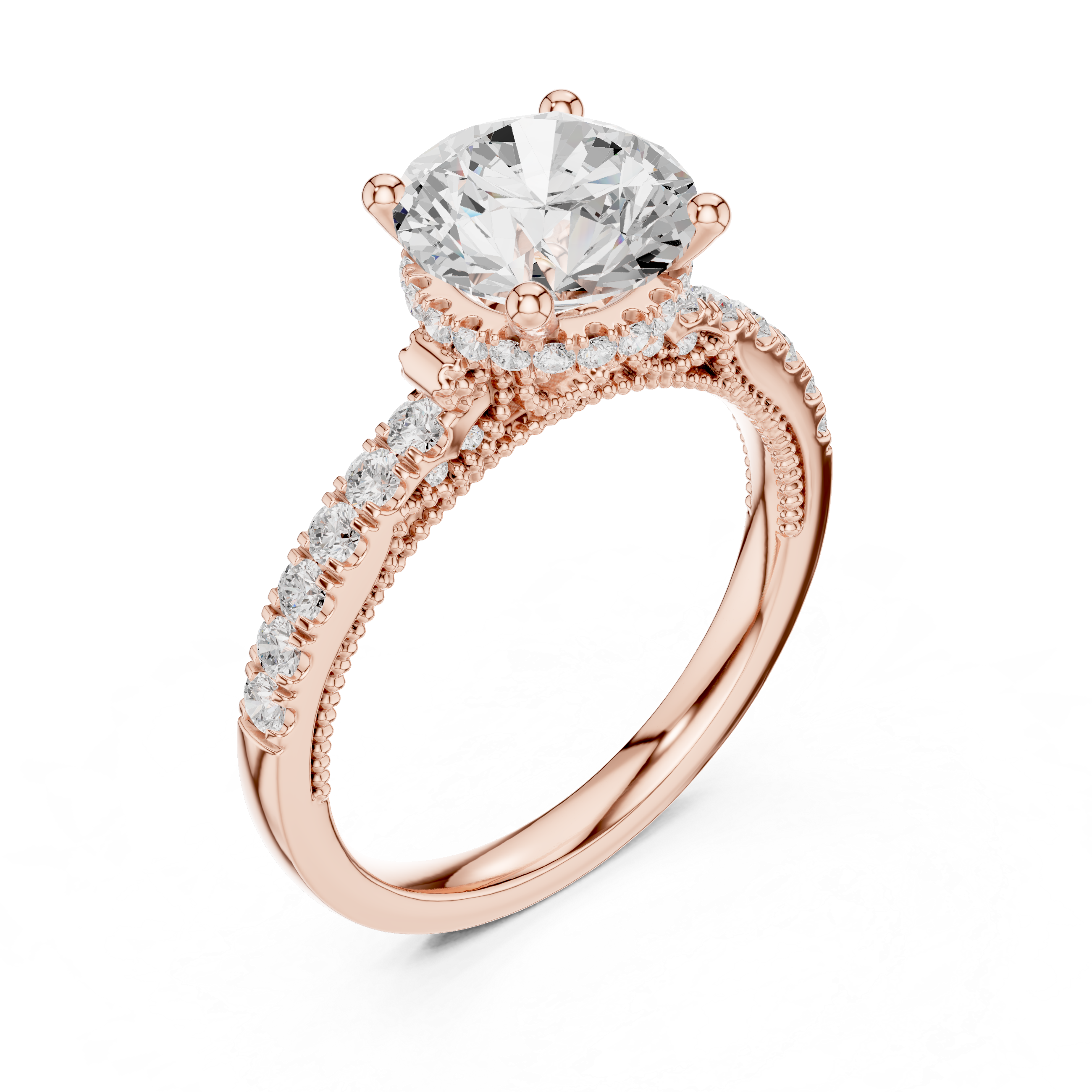 Round-Cut Hidden Halo Solitaire Engagement Ring with Pavé Band