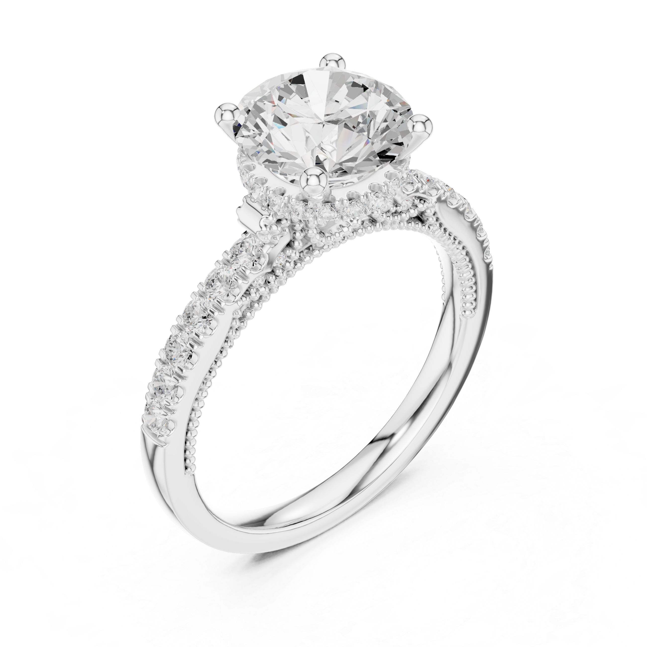 Round-Cut Hidden Halo Solitaire Engagement Ring with Pavé Band