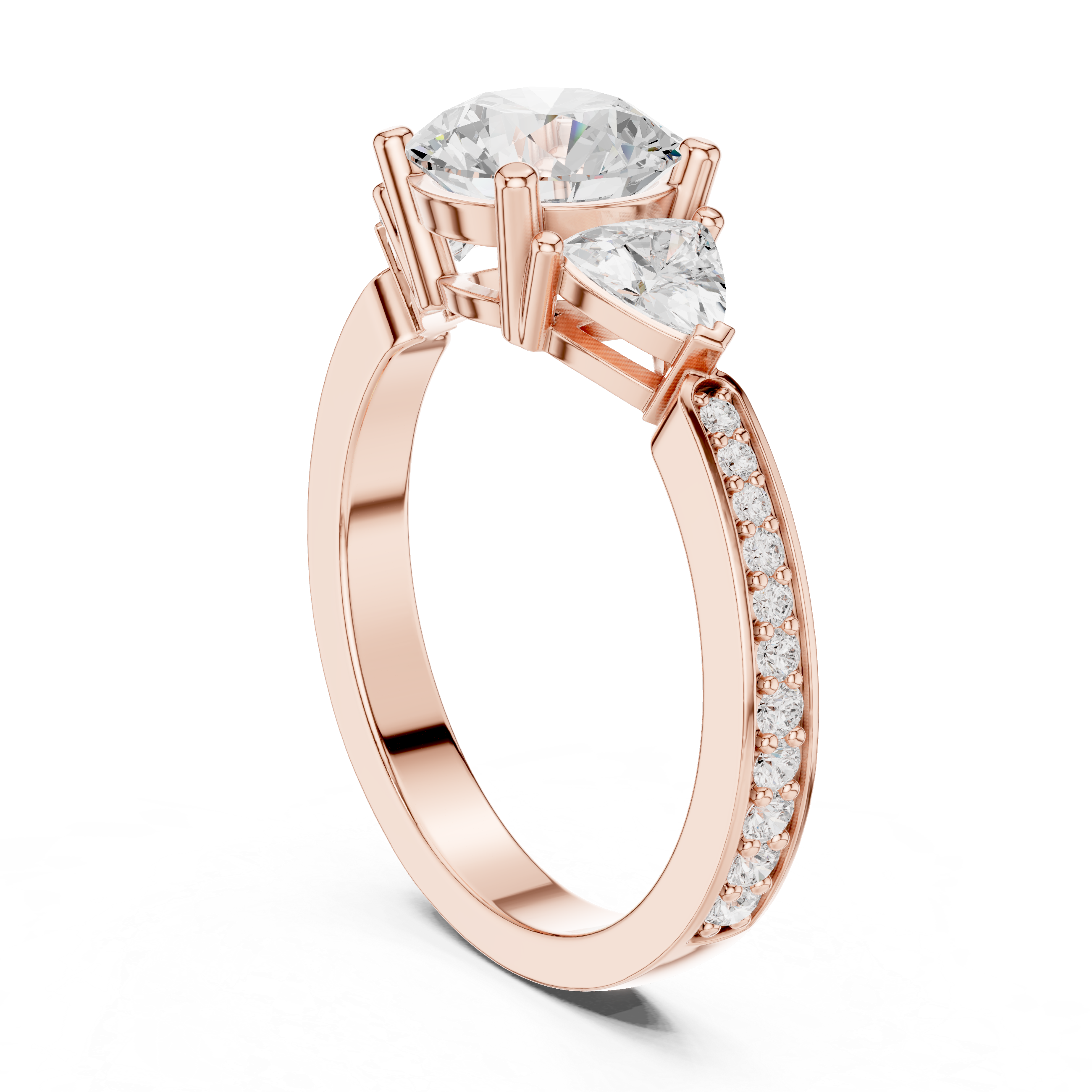 Round-Cut Three-Stone Engagement Ring with Trillion Side Stones and Pavé Band