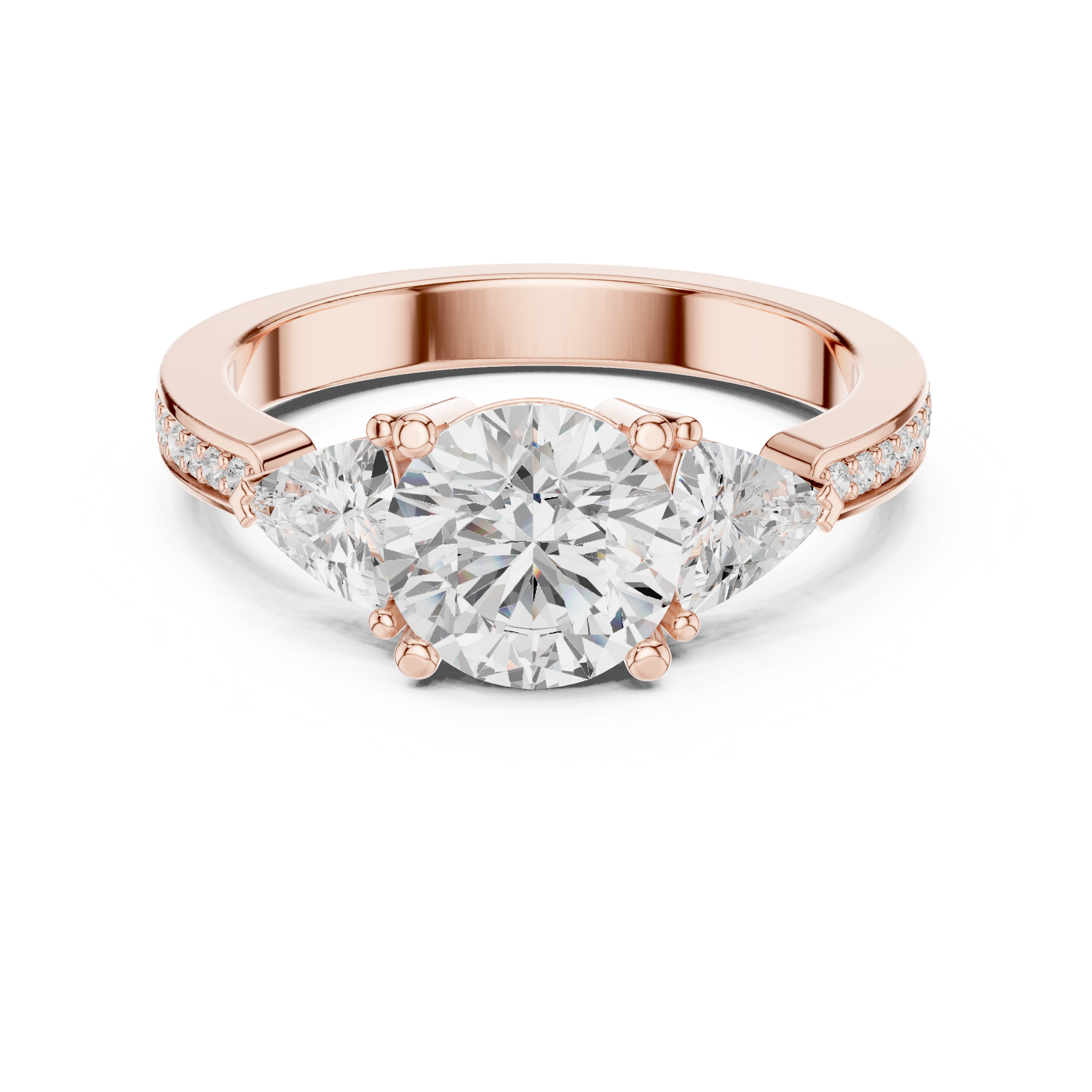 Round-Cut Three-Stone Engagement Ring with Trillion Side Stones and Pavé Band