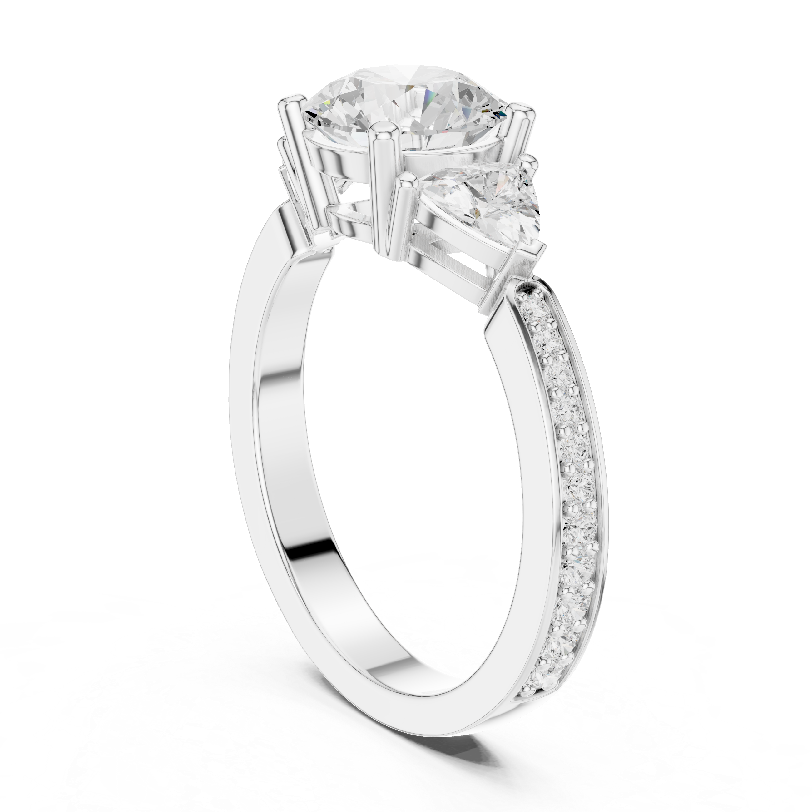 Round-Cut Three-Stone Engagement Ring with Trillion Side Stones and Pavé Band
