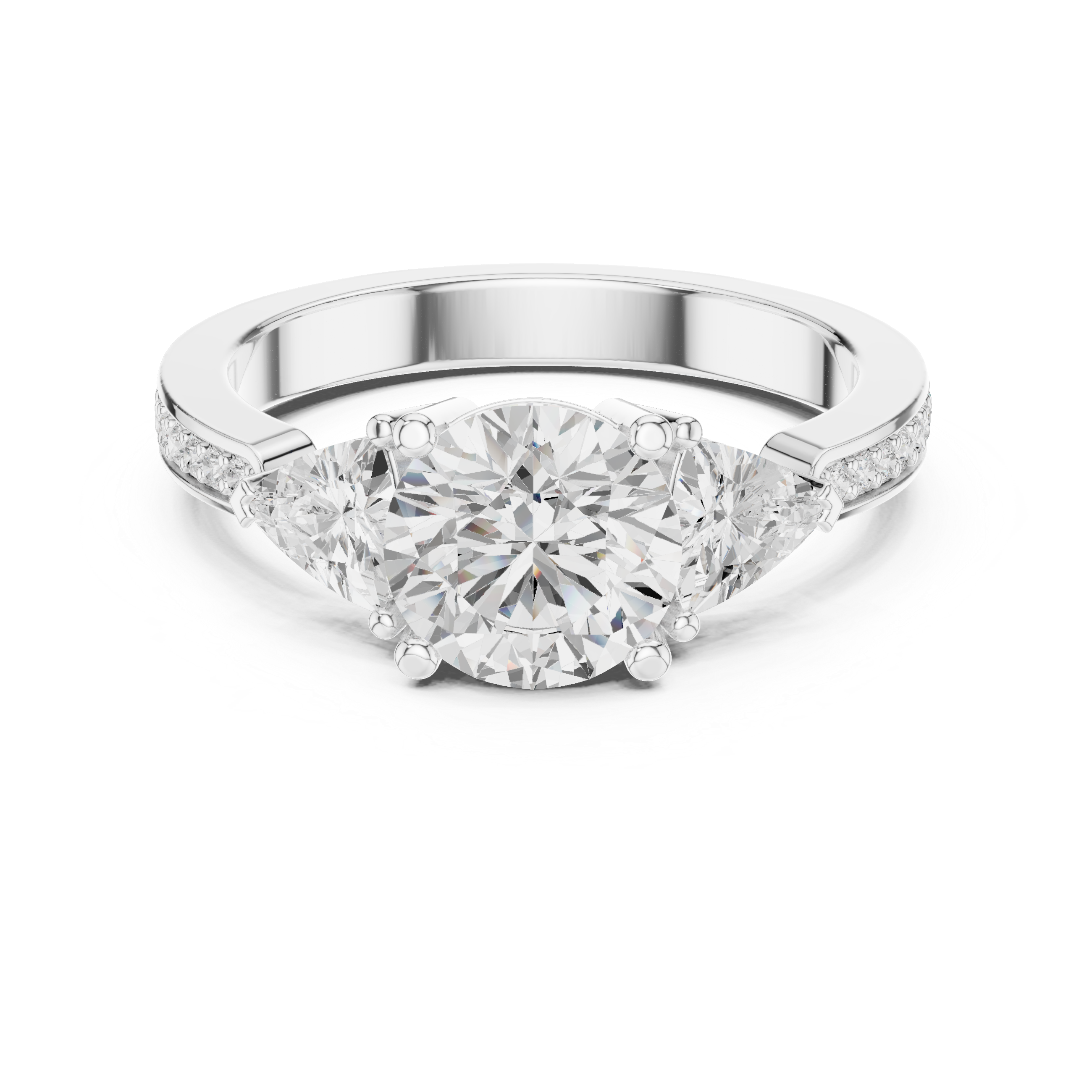 Round-Cut Three-Stone Engagement Ring with Trillion Side Stones and Pavé Band