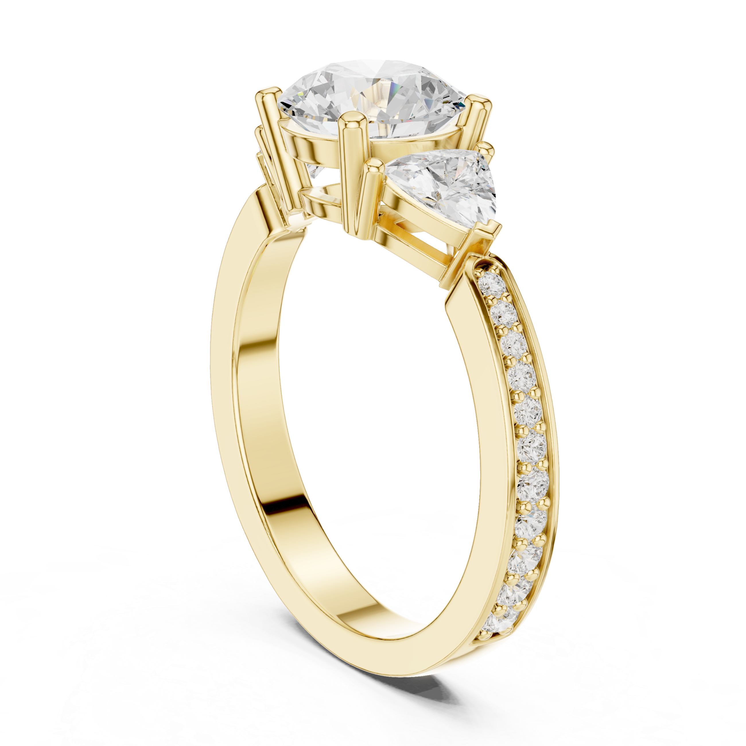 Round-Cut Three-Stone Engagement Ring with Trillion Side Stones and Pavé Band