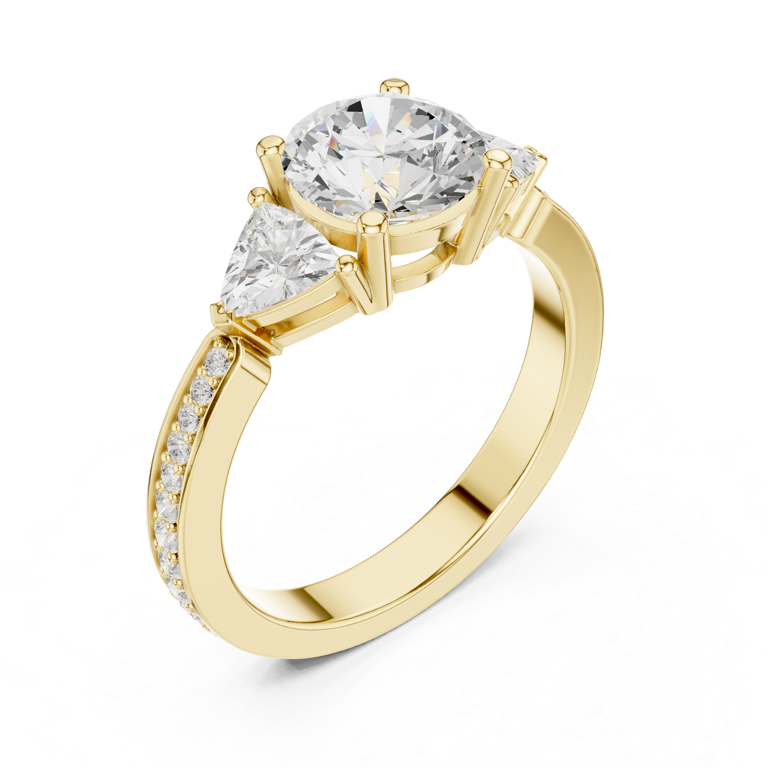 Round-Cut Three-Stone Engagement Ring with Trillion Side Stones and Pavé Band