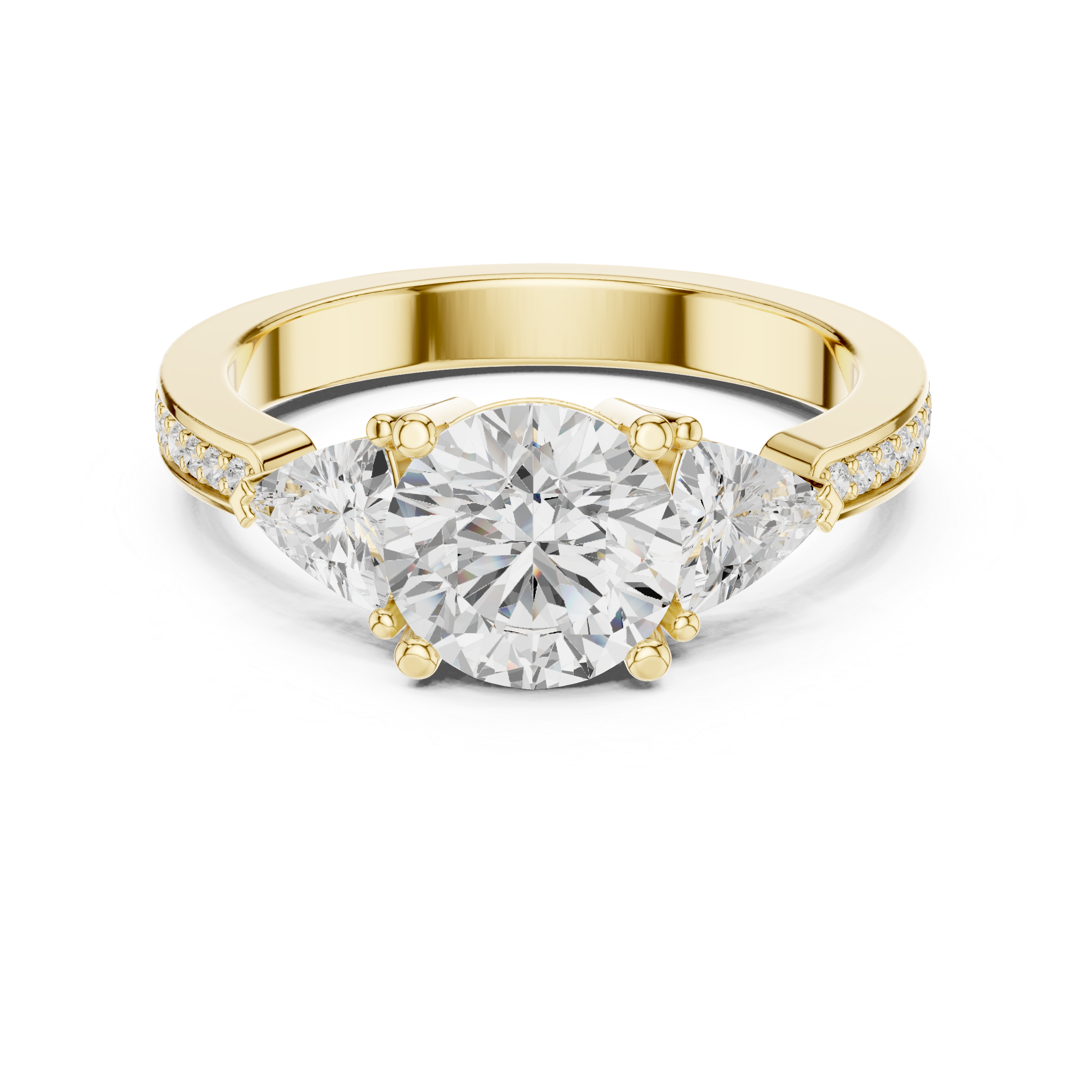 Round-Cut Three-Stone Engagement Ring with Trillion Side Stones and Pavé Band