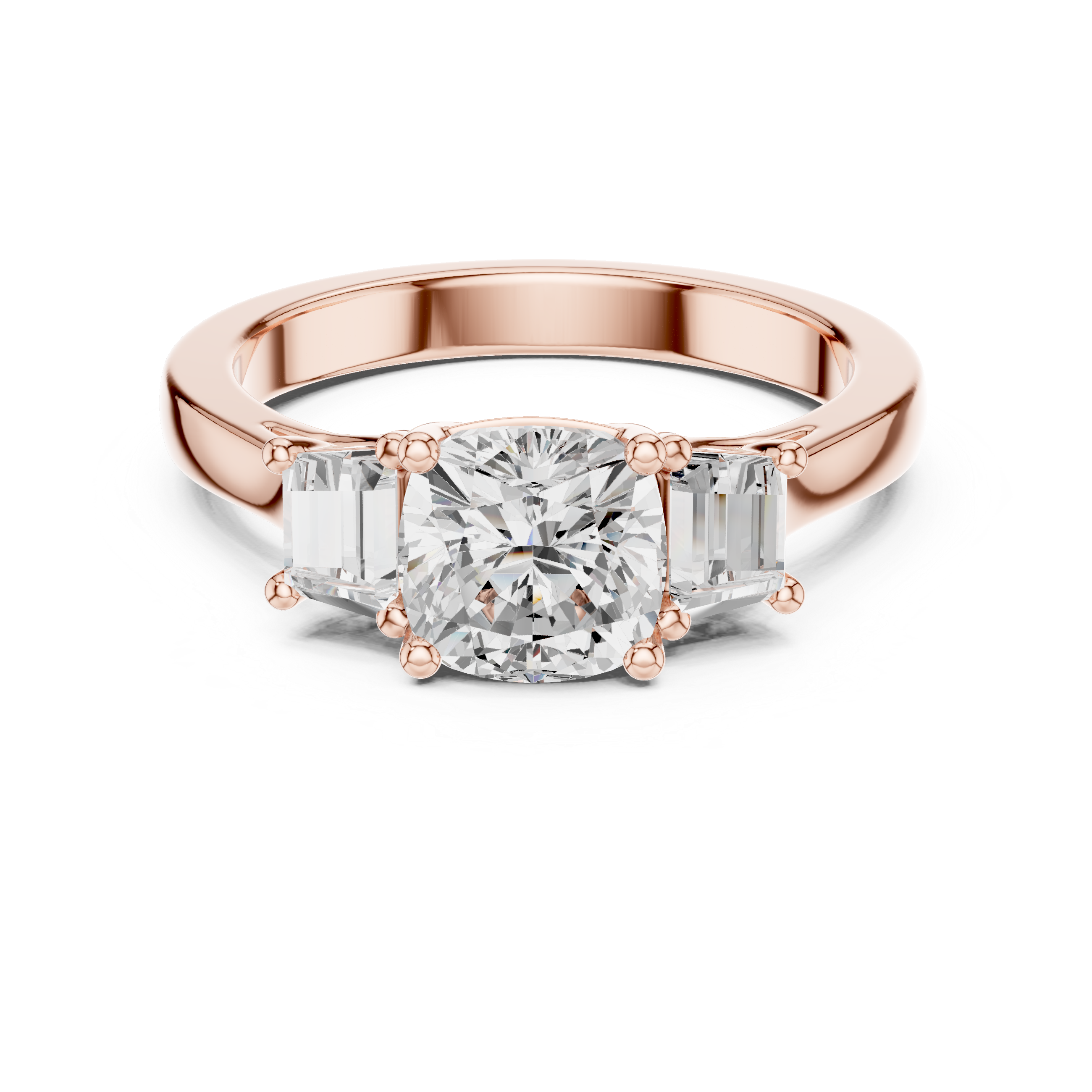 Cushion-Cut Three-Stone Engagement Ring with Custom Baguette Side Stones