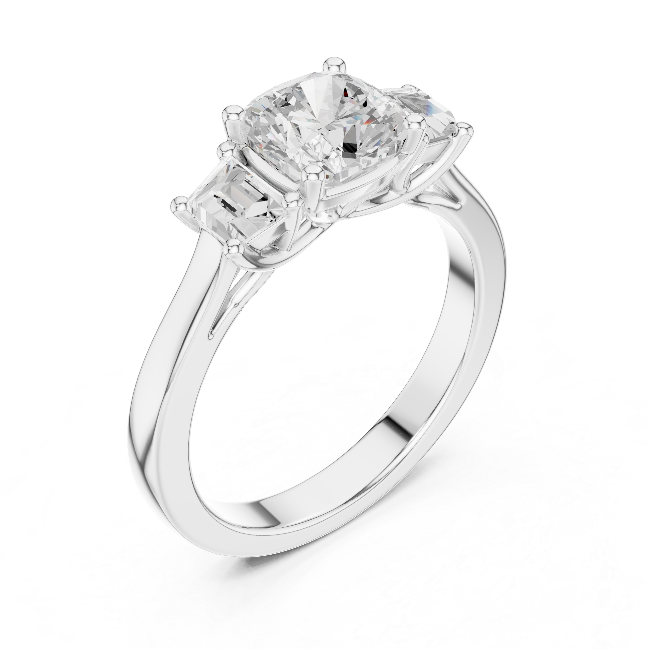 Cushion-Cut Three-Stone Engagement Ring with Custom Baguette Side Stones