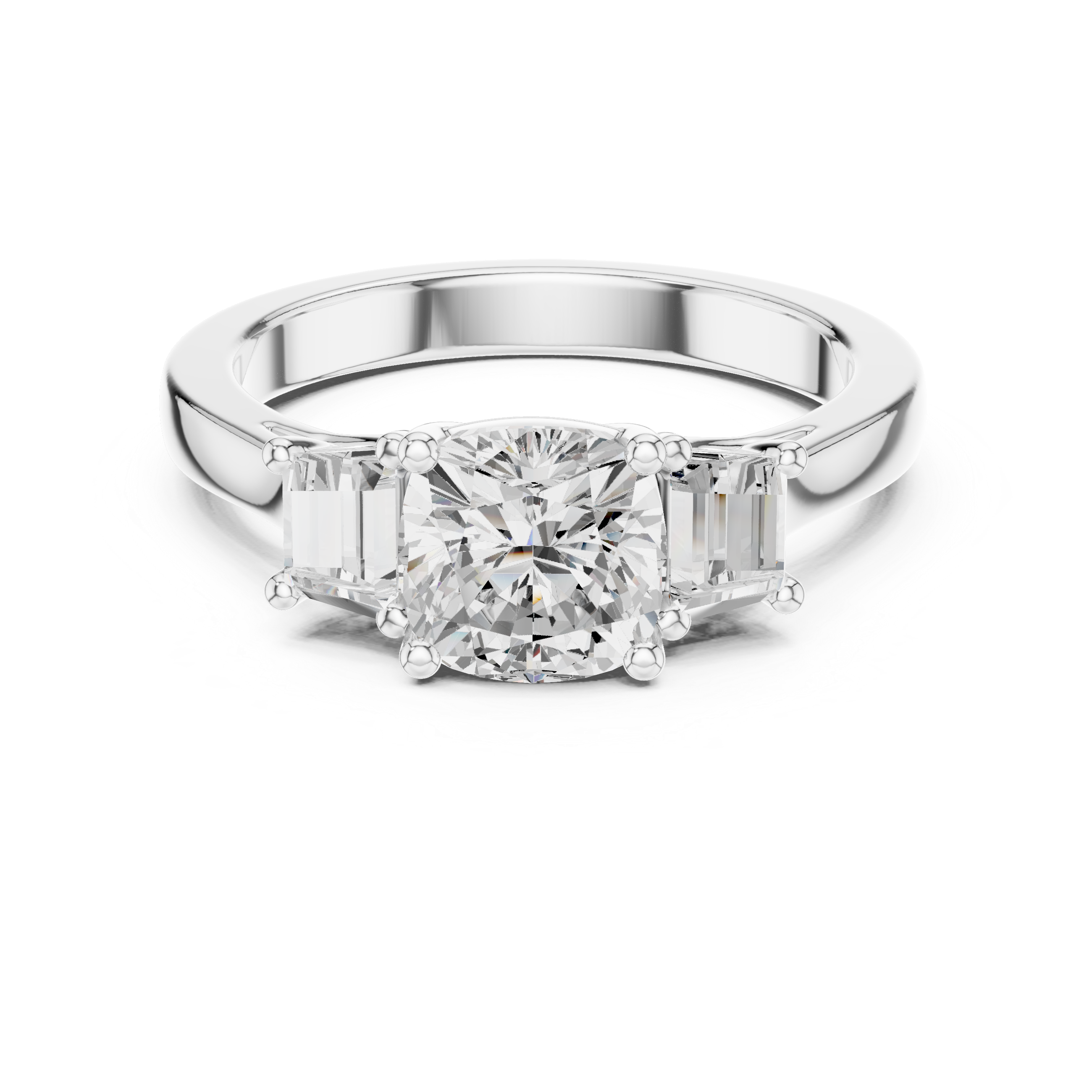 Cushion-Cut Three-Stone Engagement Ring with Custom Baguette Side Stones