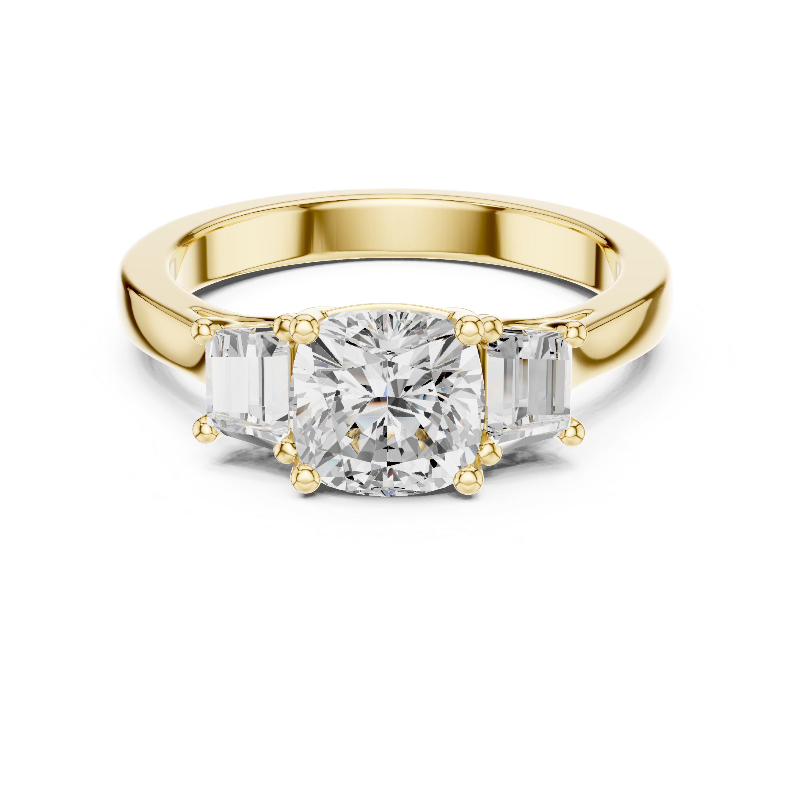 Cushion-Cut Three-Stone Engagement Ring with Custom Baguette Side Stones