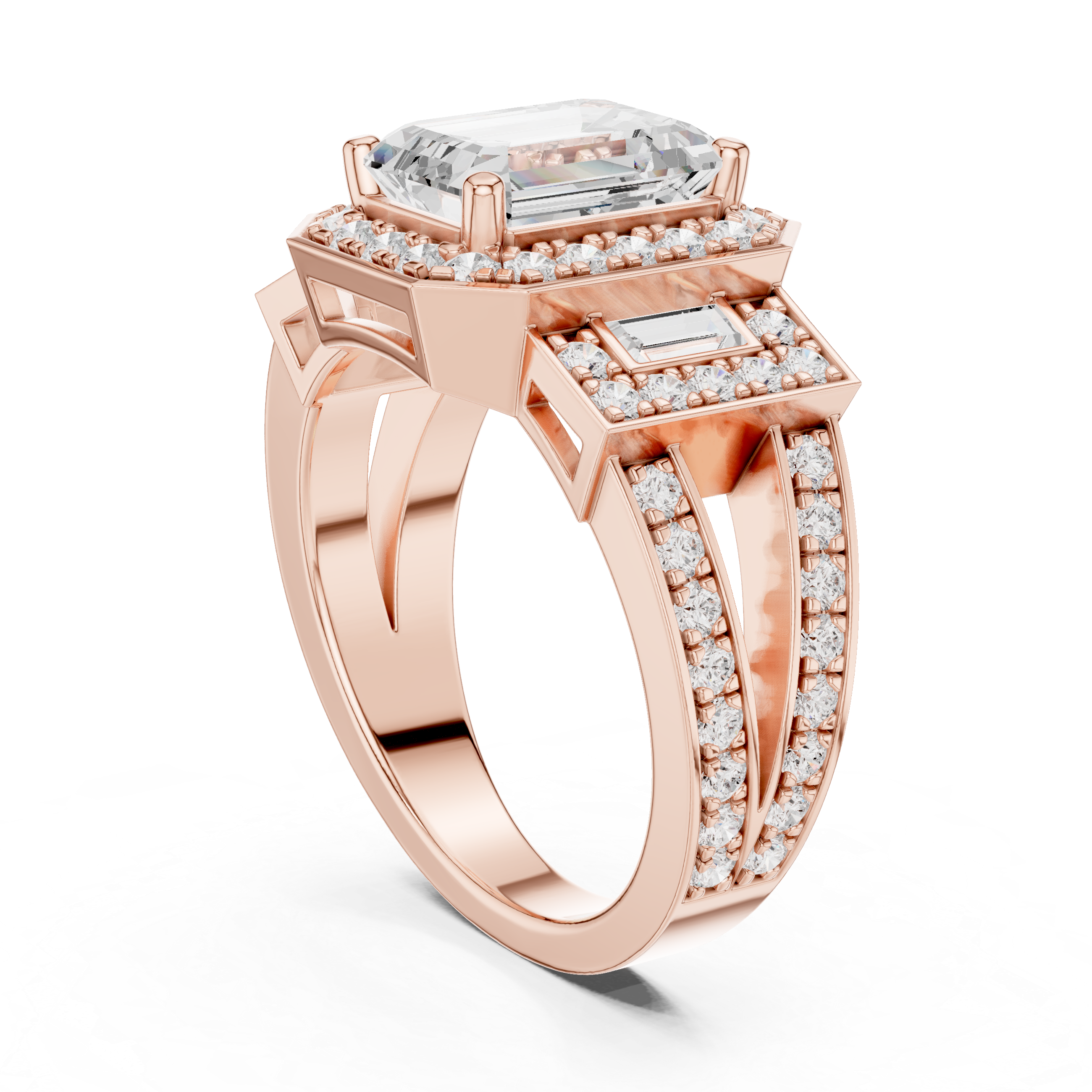 Emerald-Cut Geometric Halo Engagement Ring with Baguette Side Stones