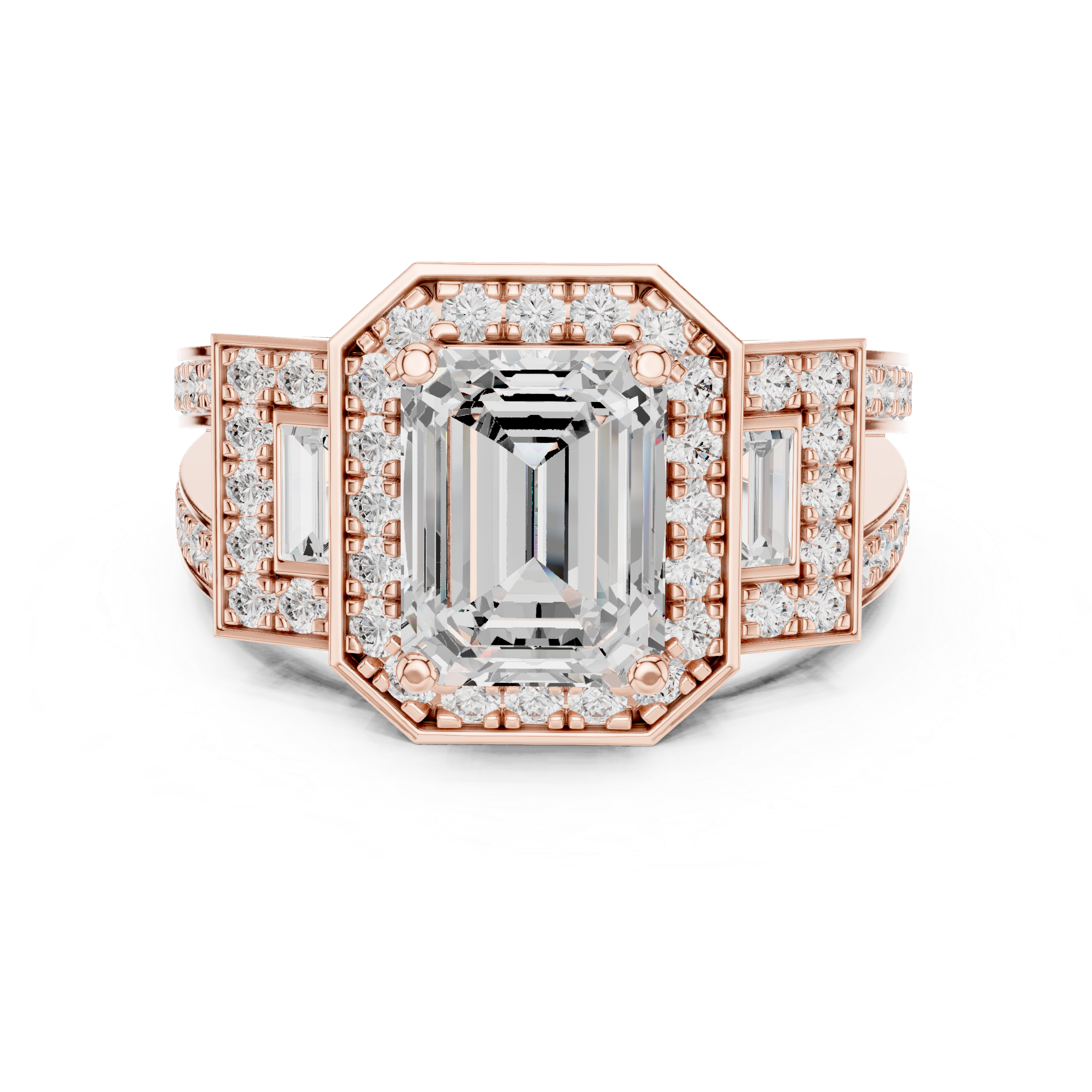 Emerald-Cut Geometric Halo Engagement Ring with Baguette Side Stones