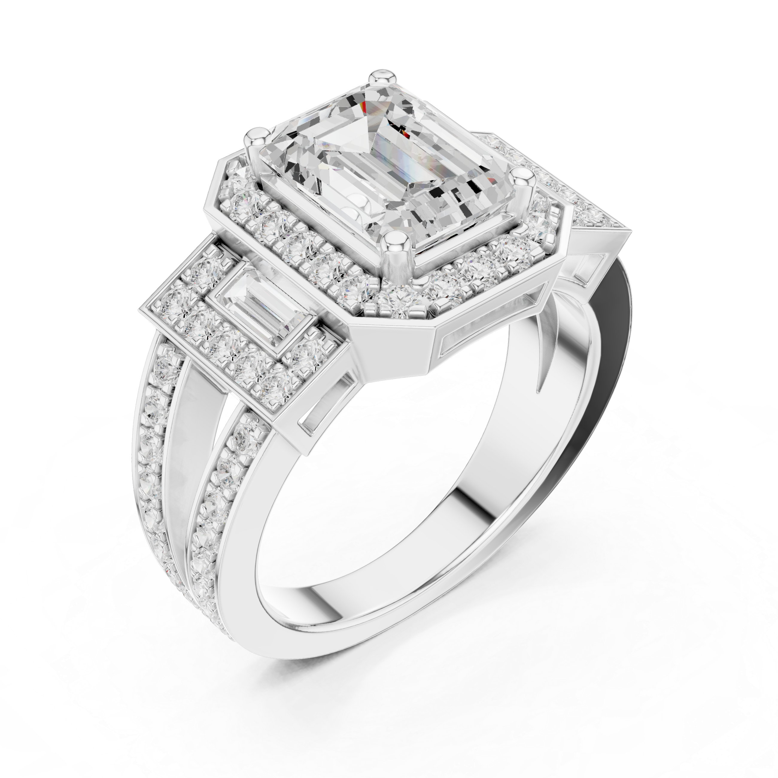 Emerald-Cut Geometric Halo Engagement Ring with Baguette Side Stones