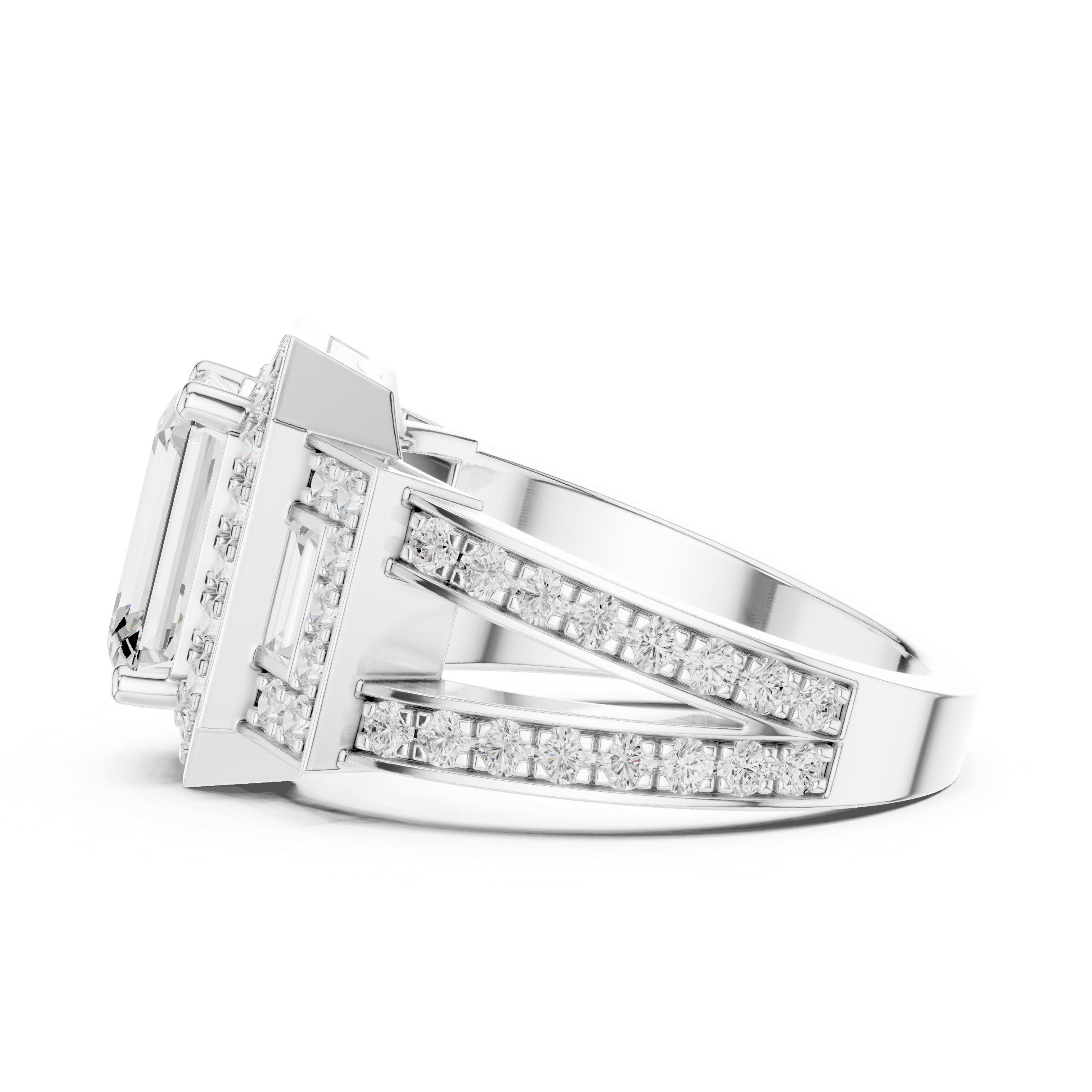 Emerald-Cut Geometric Halo Engagement Ring with Baguette Side Stones