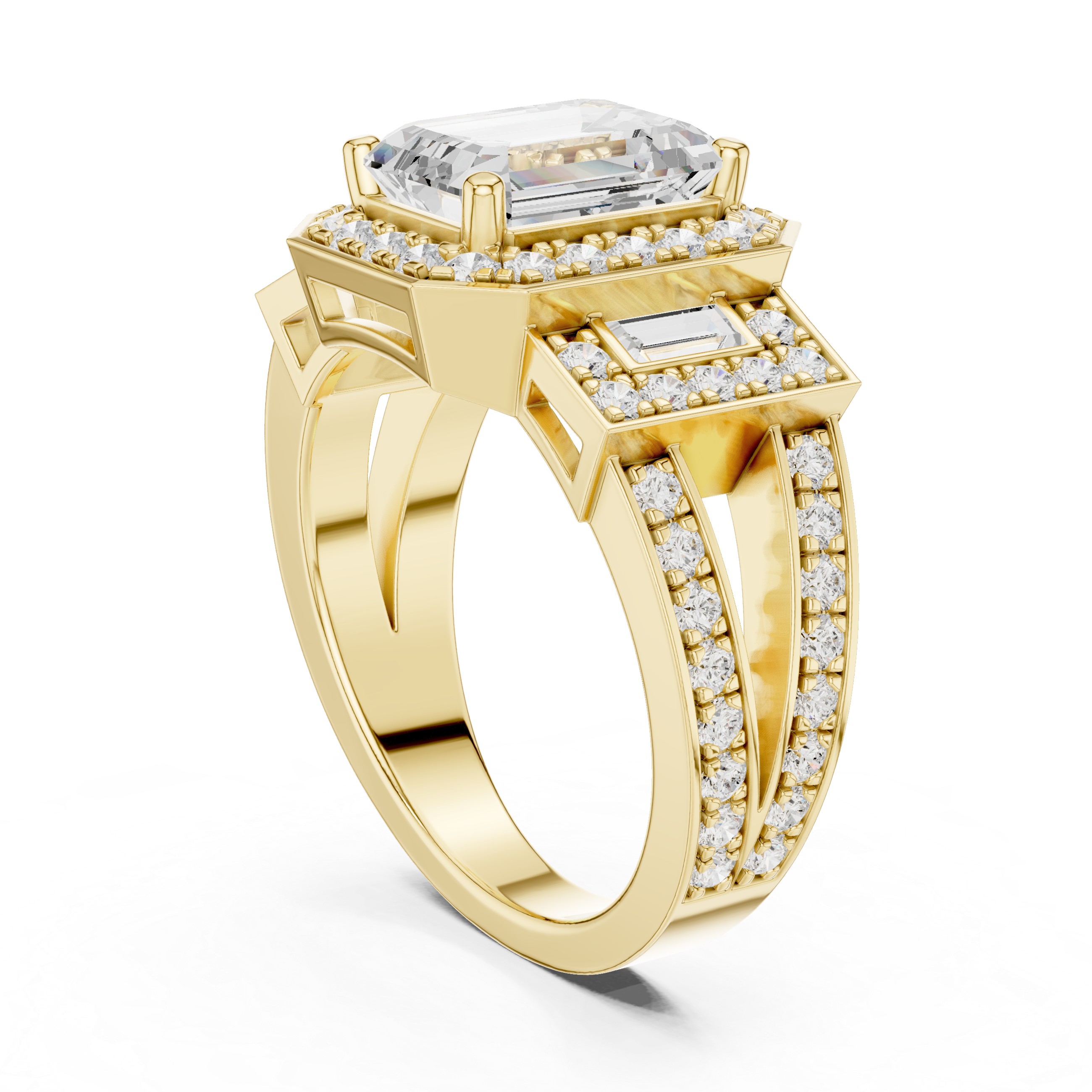Emerald-Cut Geometric Halo Engagement Ring with Baguette Side Stones