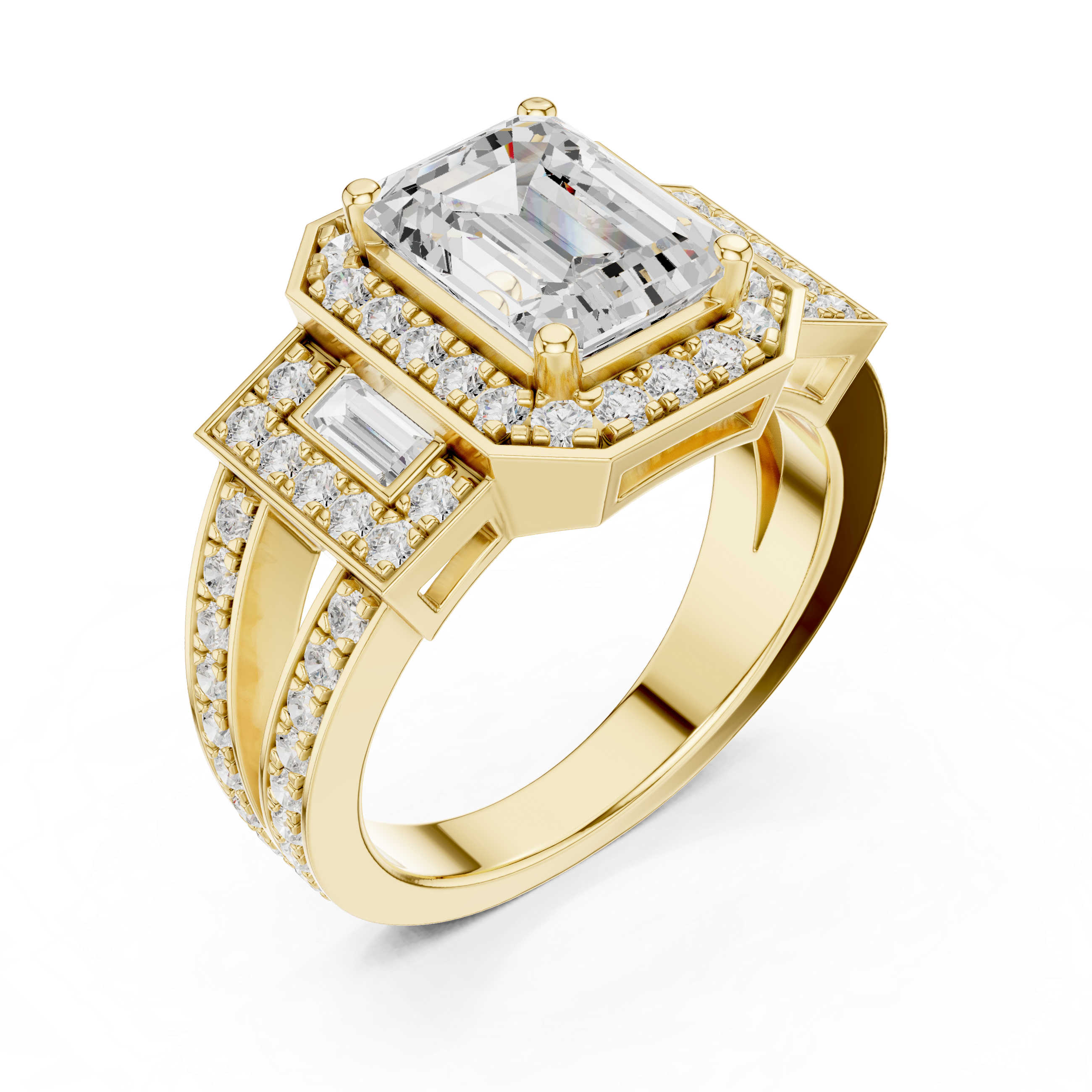 Emerald-Cut Geometric Halo Engagement Ring with Baguette Side Stones