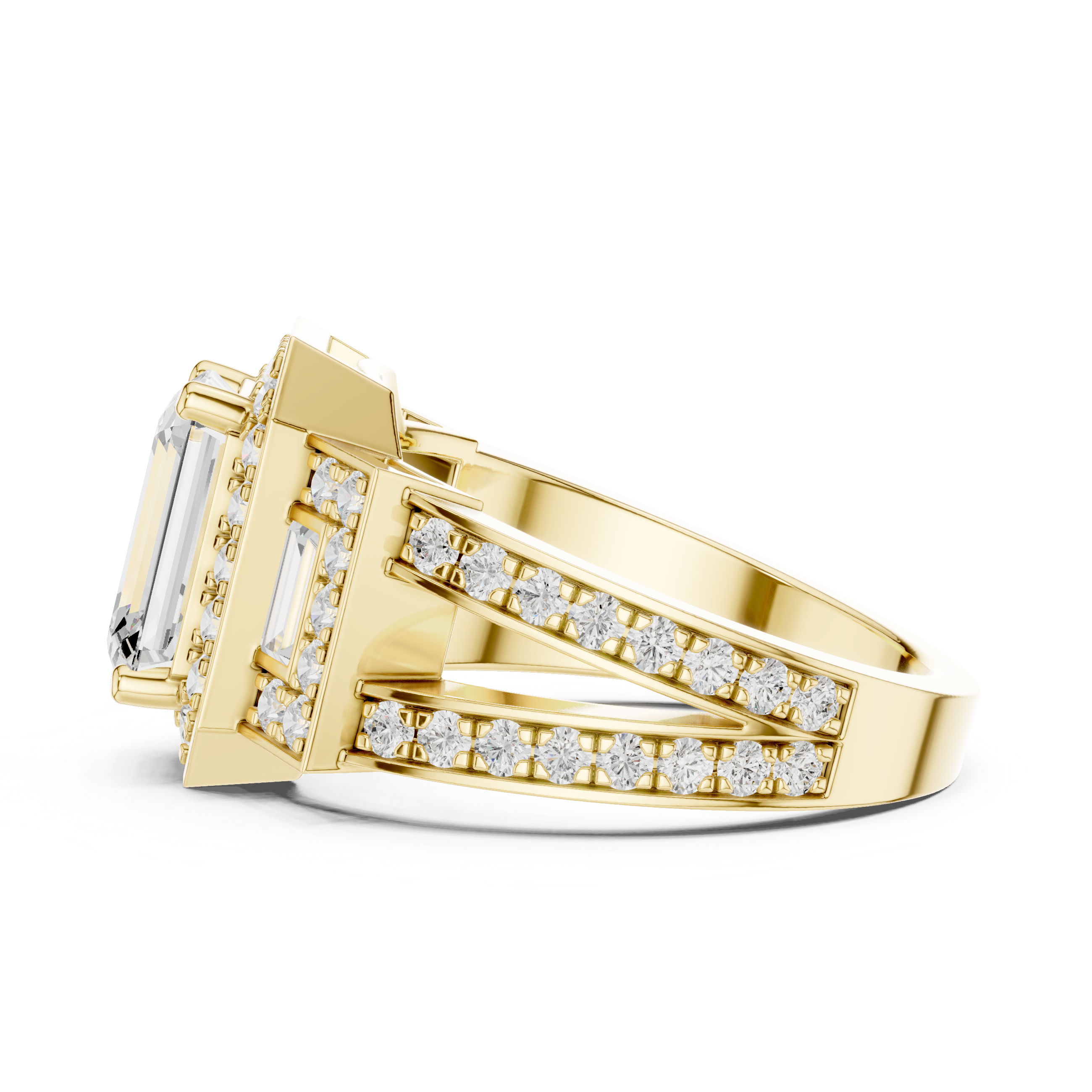 Emerald-Cut Geometric Halo Engagement Ring with Baguette Side Stones